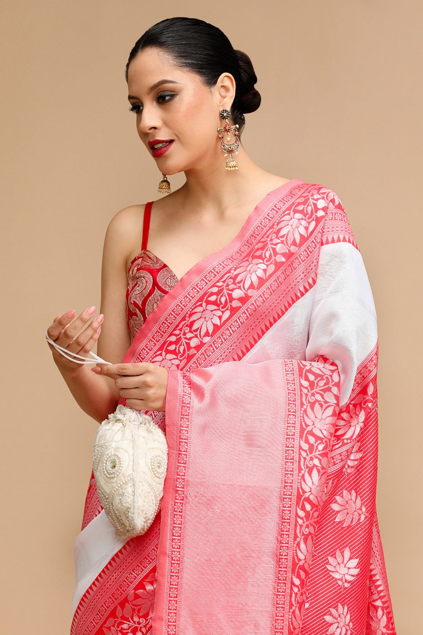 Buy MySilkLove Snow White and Pink Woven Jacquard Lichi Silk Saree Online