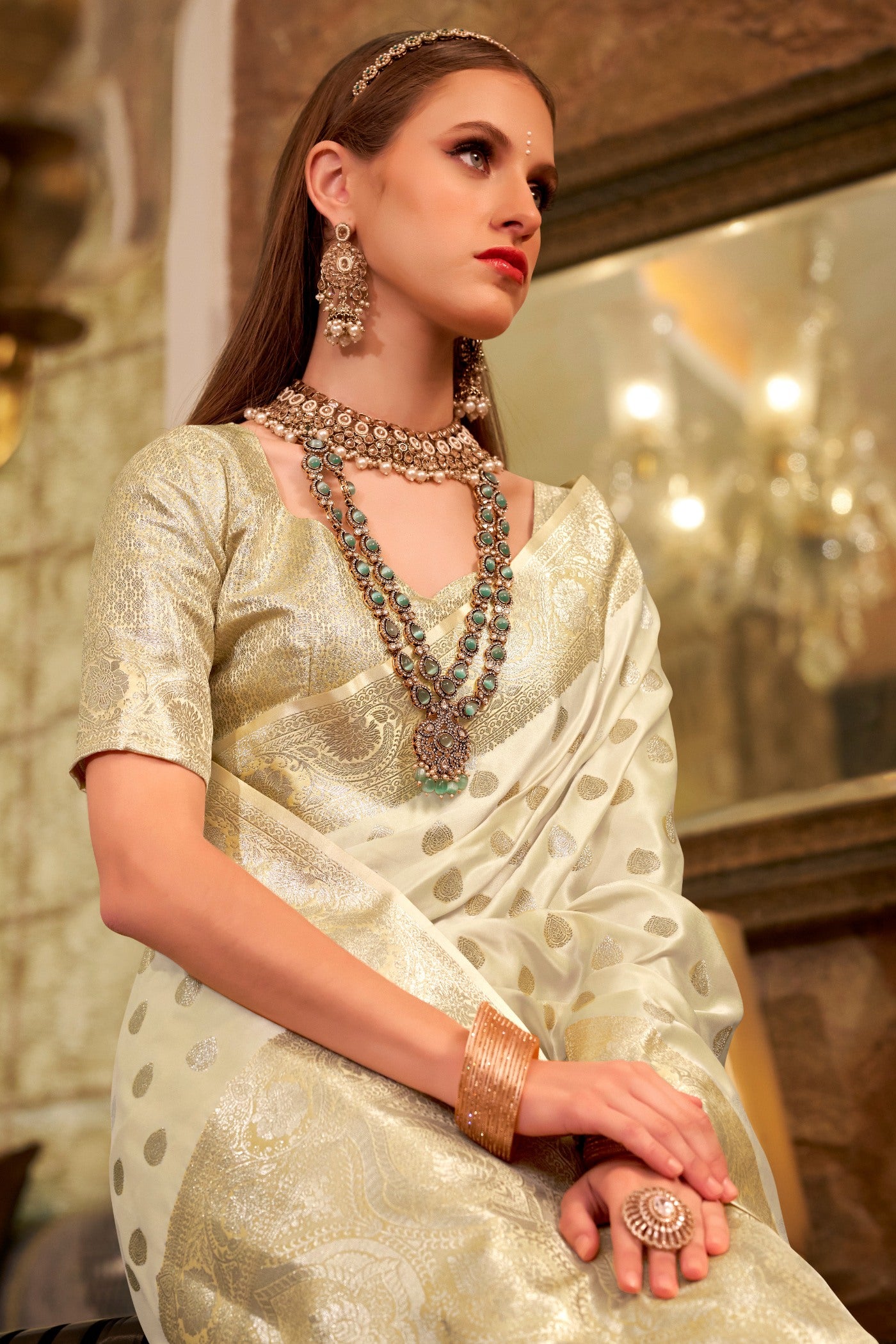 Buy MySilkLove Pearl Cream Woven Banarasi Satin Soft Silk Saree Online