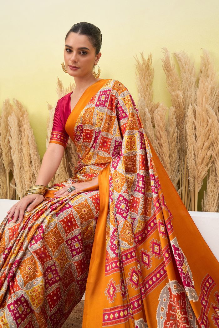 MySilkLove Burnt Yellow Patola Printed Satin Crepe Silk Saree