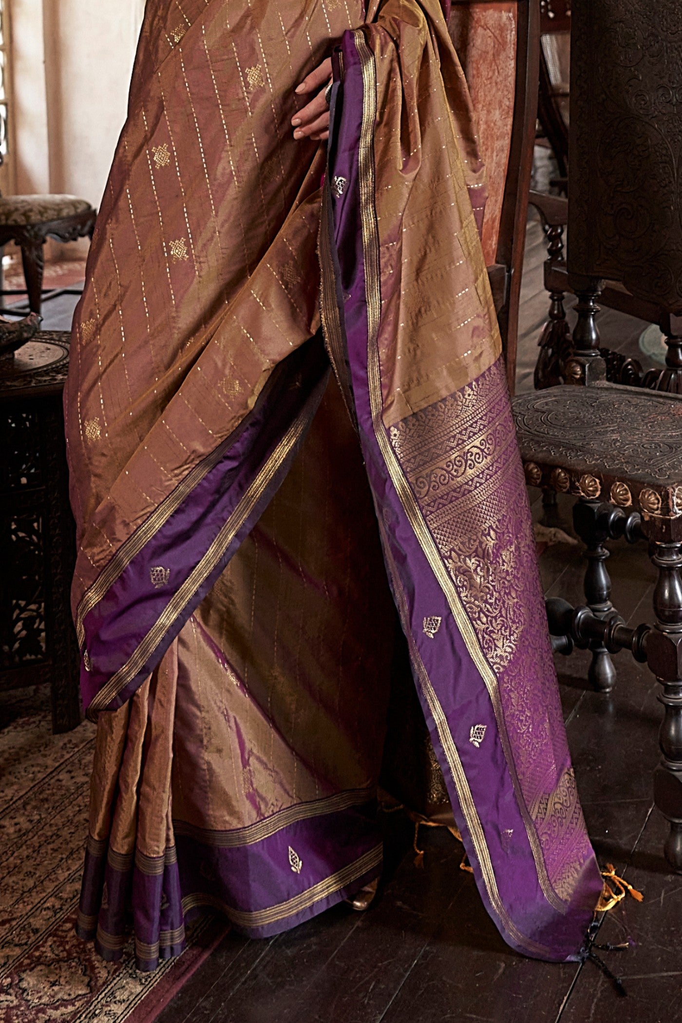 Buy MySilkLove Mocha Brown and Purple Tussar Handloom Silk Saree Online