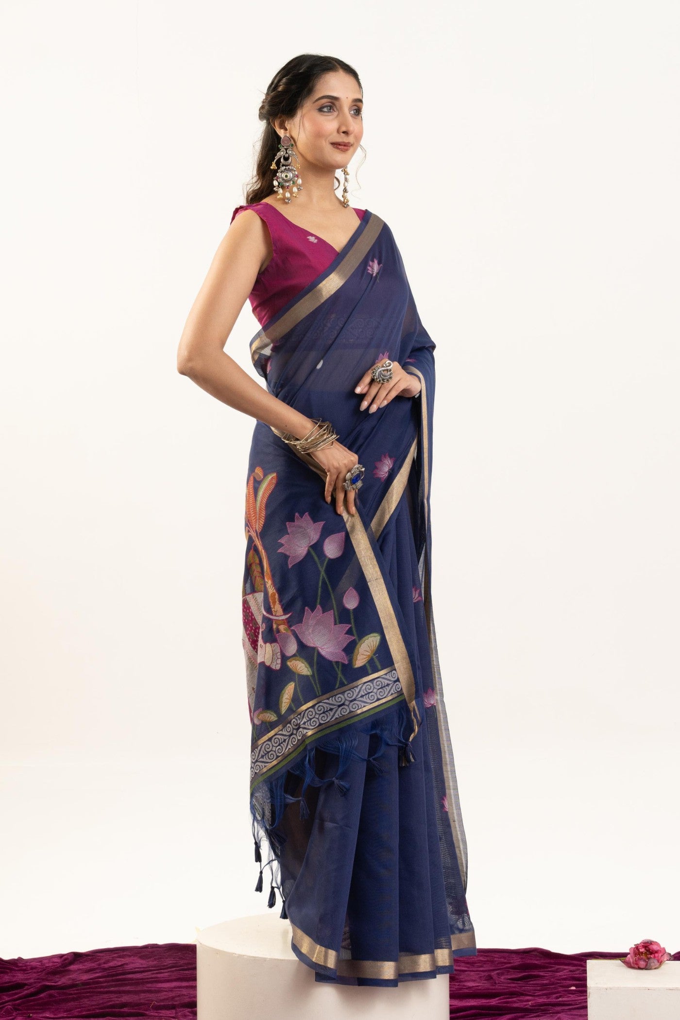 Buy MySilkLove Majesty Blue Woven Soft Muga Cotton Saree Online