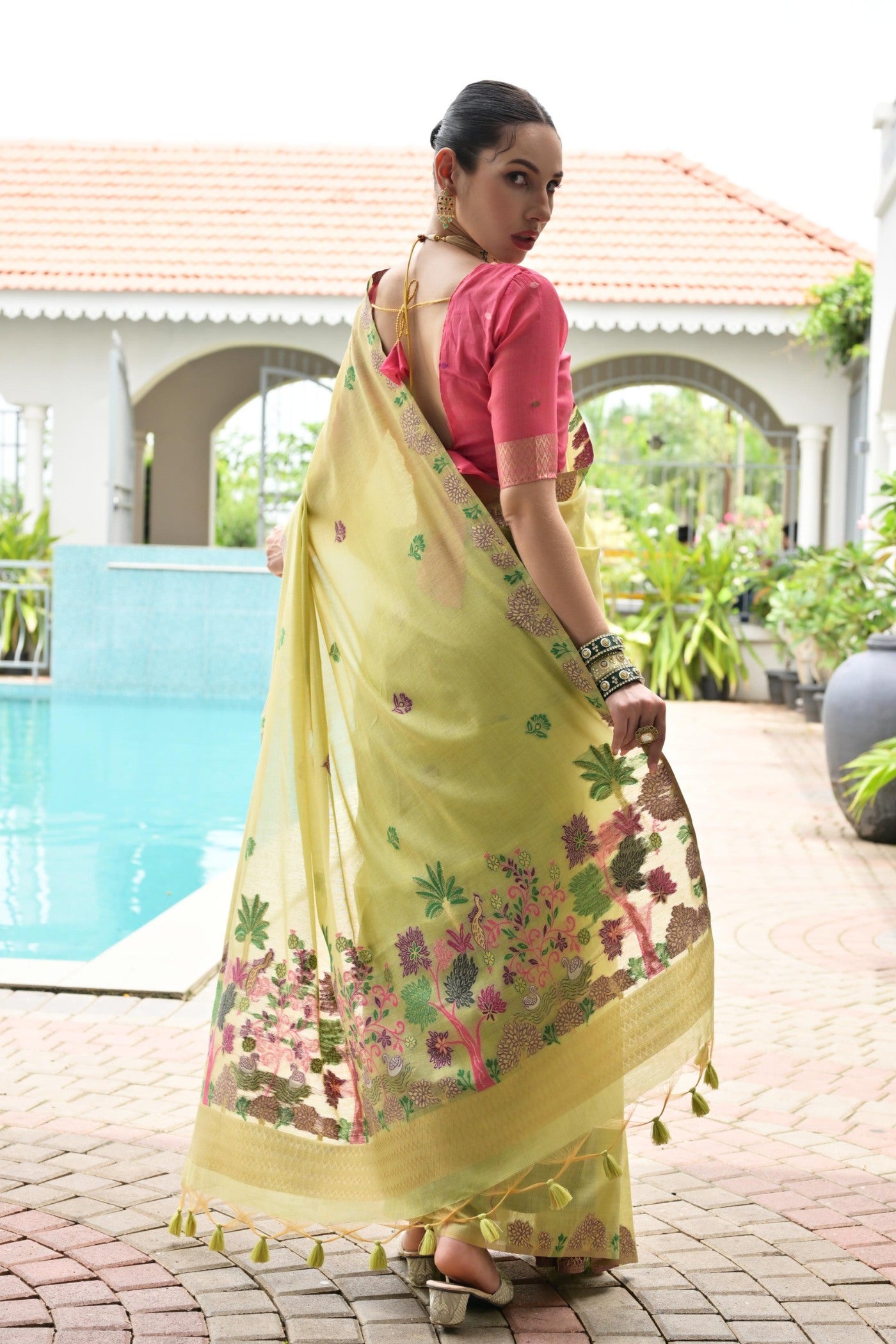 Buy MySilkLove Jad Green Woven Muga Cotton Saree Online