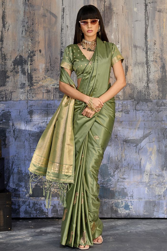 Buy MySilkLove Lime Green Handloom Satin Soft Silk Saree Online