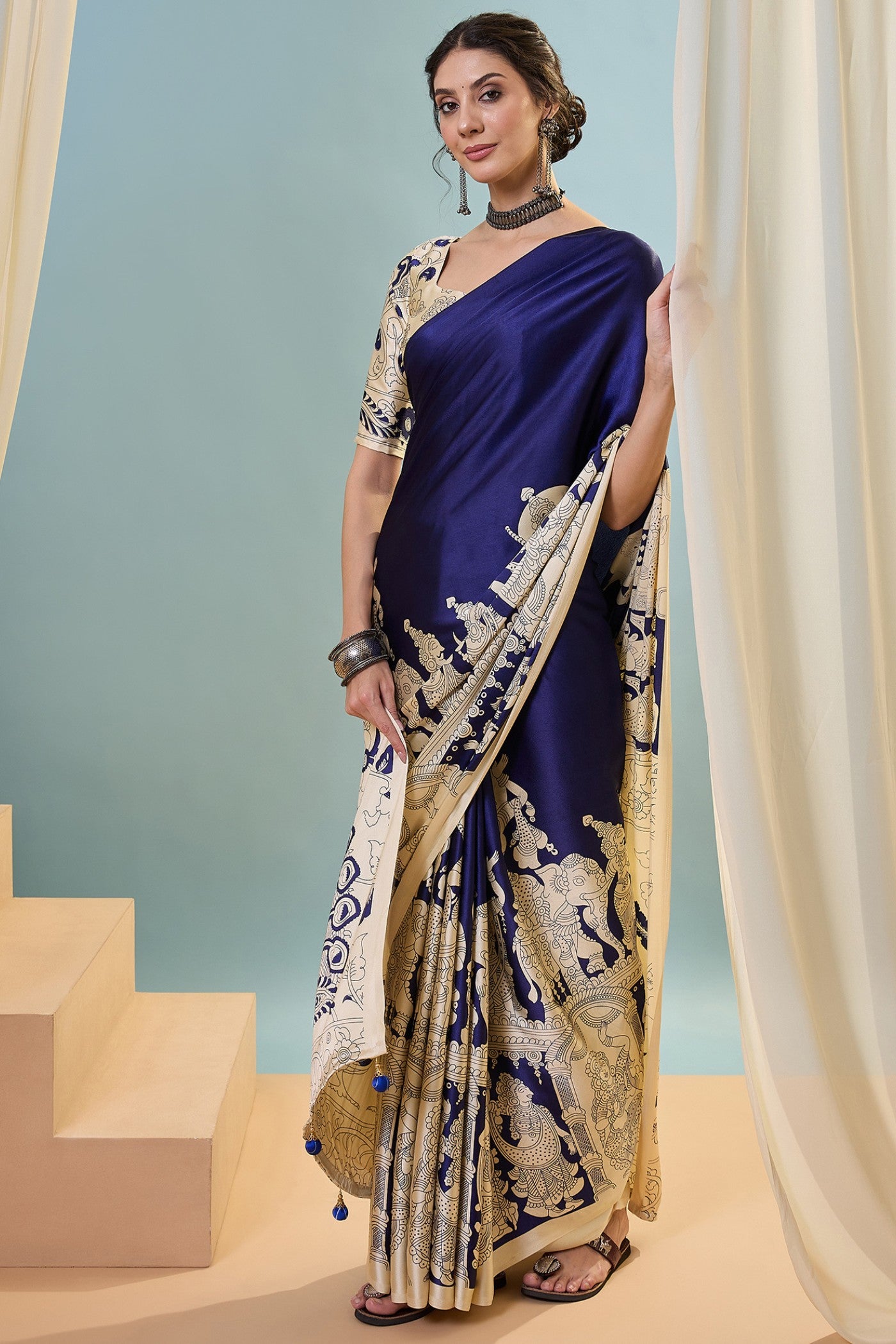 Buy MySilkLove Air Blue Ajrakh Printed Satin Crepe Silk Saree Online