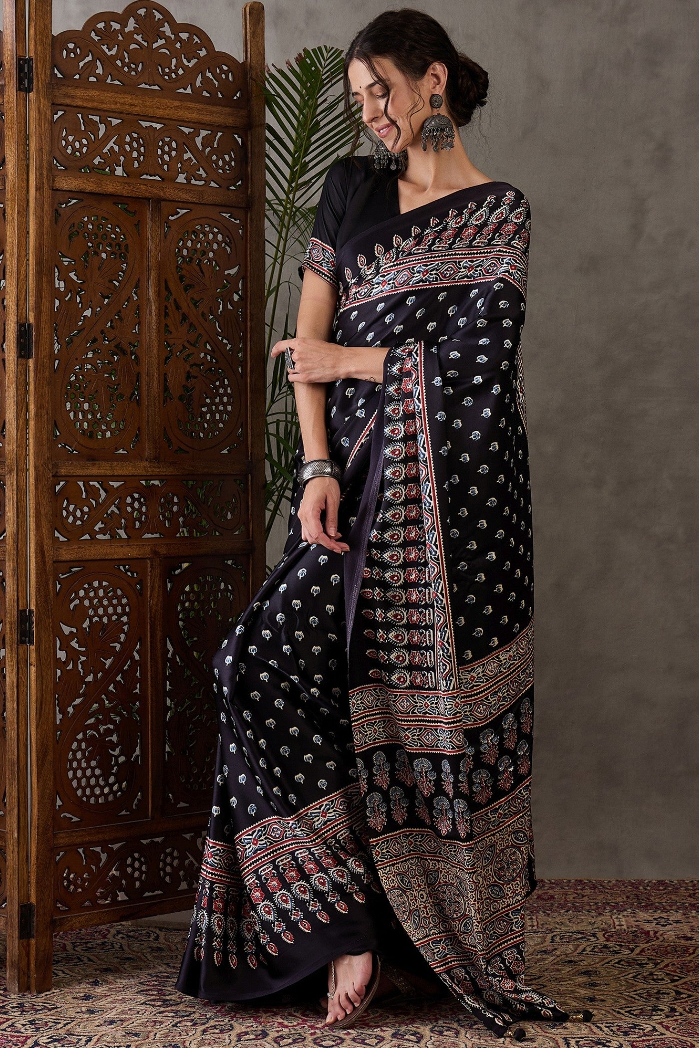 Buy MySilkLove Tuna Black Printed Satin Gaji Silk Saree Online