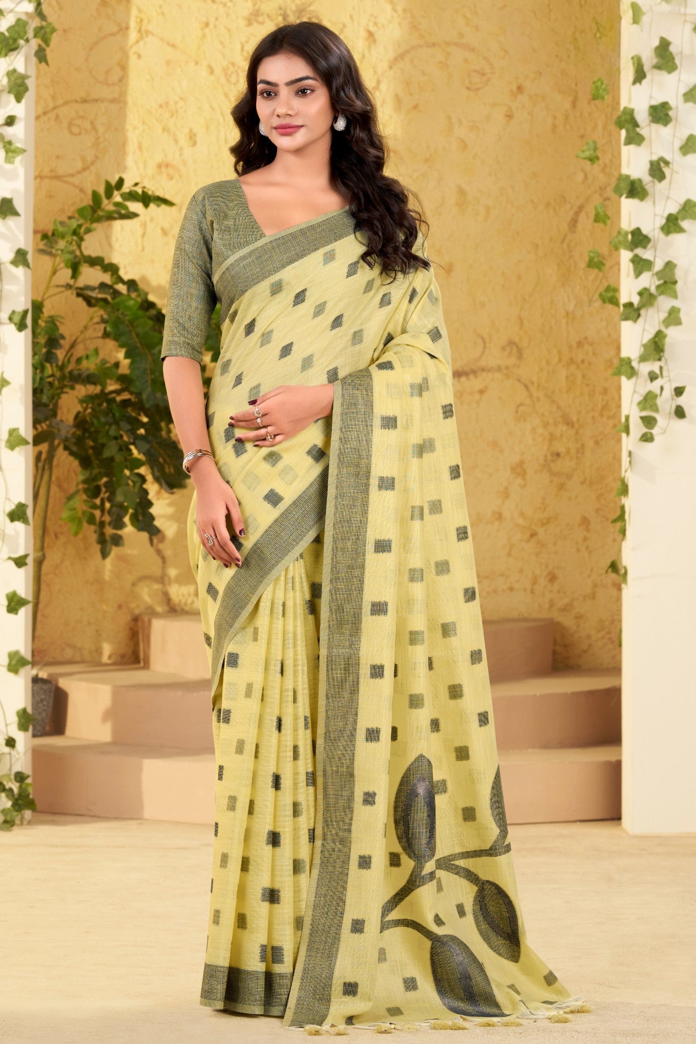 Buy MySilkLove Pastel Yellow Woven Linen Saree Online