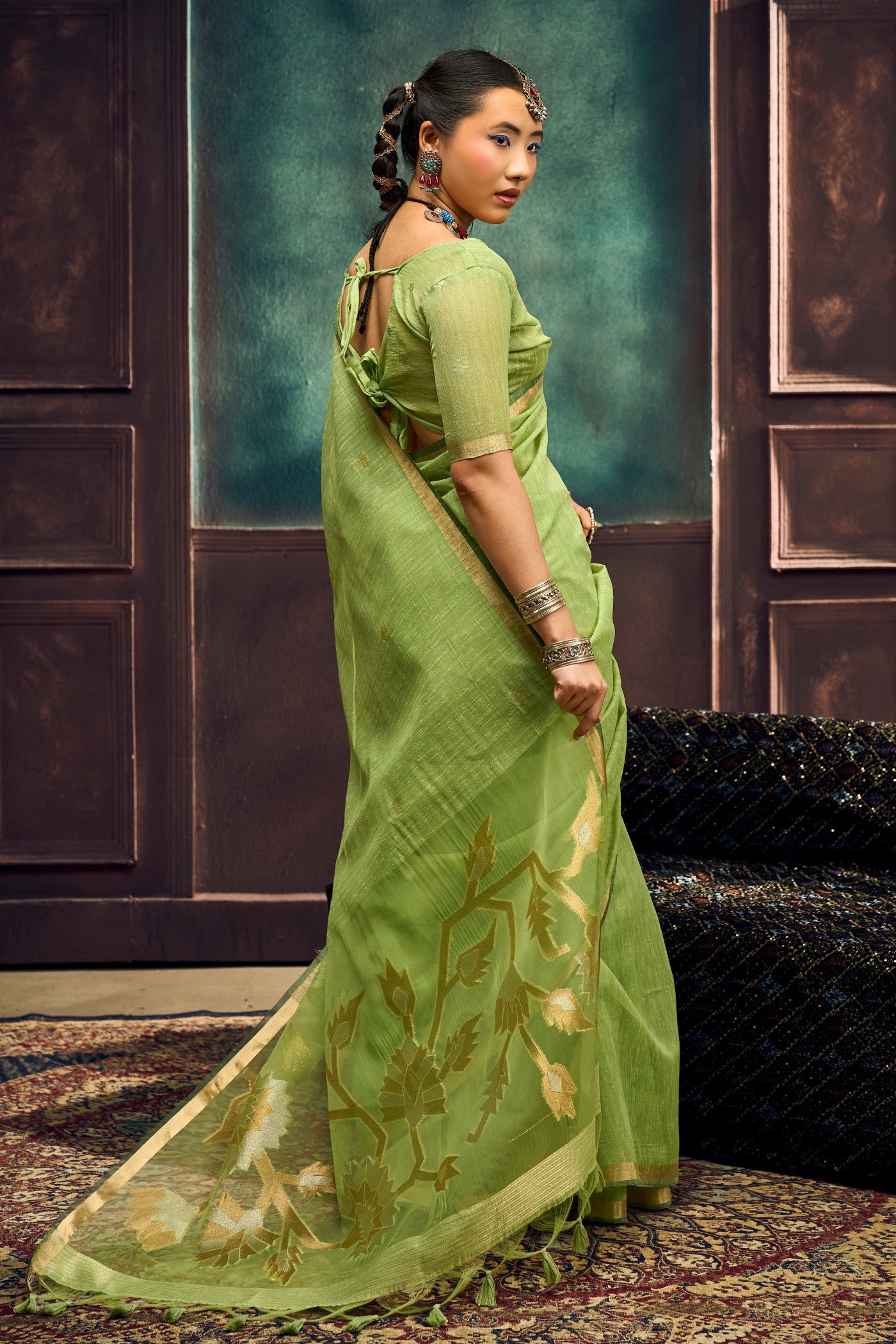 Buy MySilkLove Pear Green Munga Handloom Cotton Saree Online