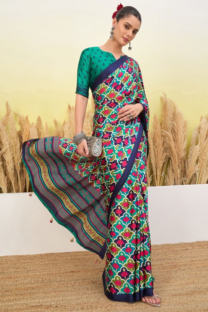 Buy MySilkLove Navy Blue and Green Modal Satin Printed Silk Saree Online