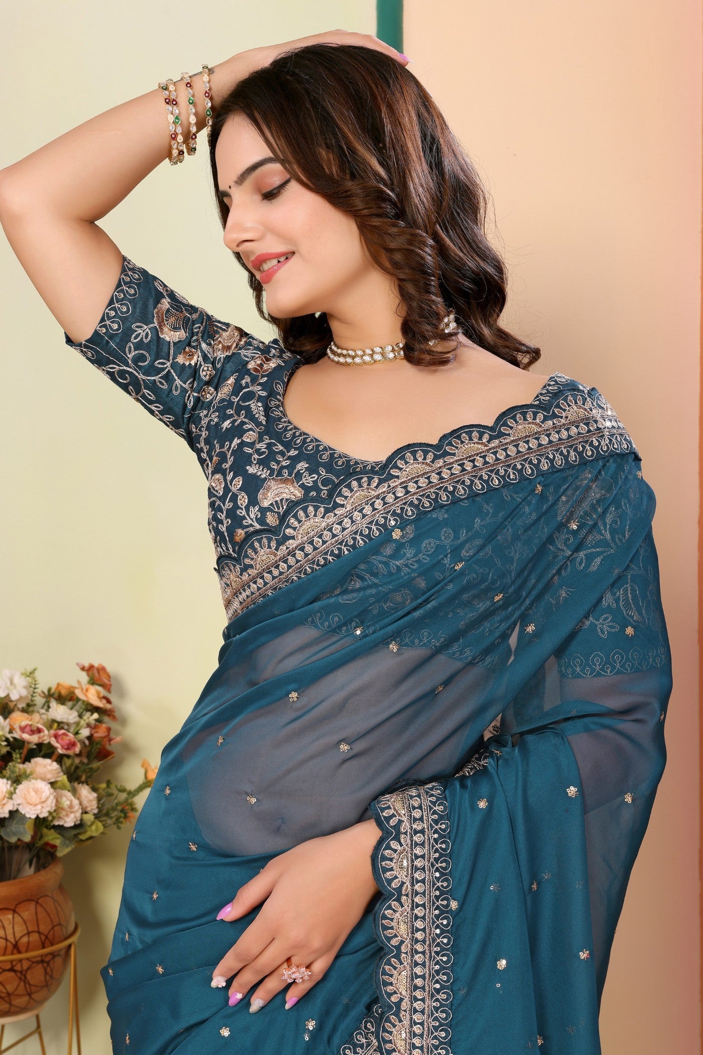 Buy MySilkLove Powder Blue Organza Designer Partywear Saree Online