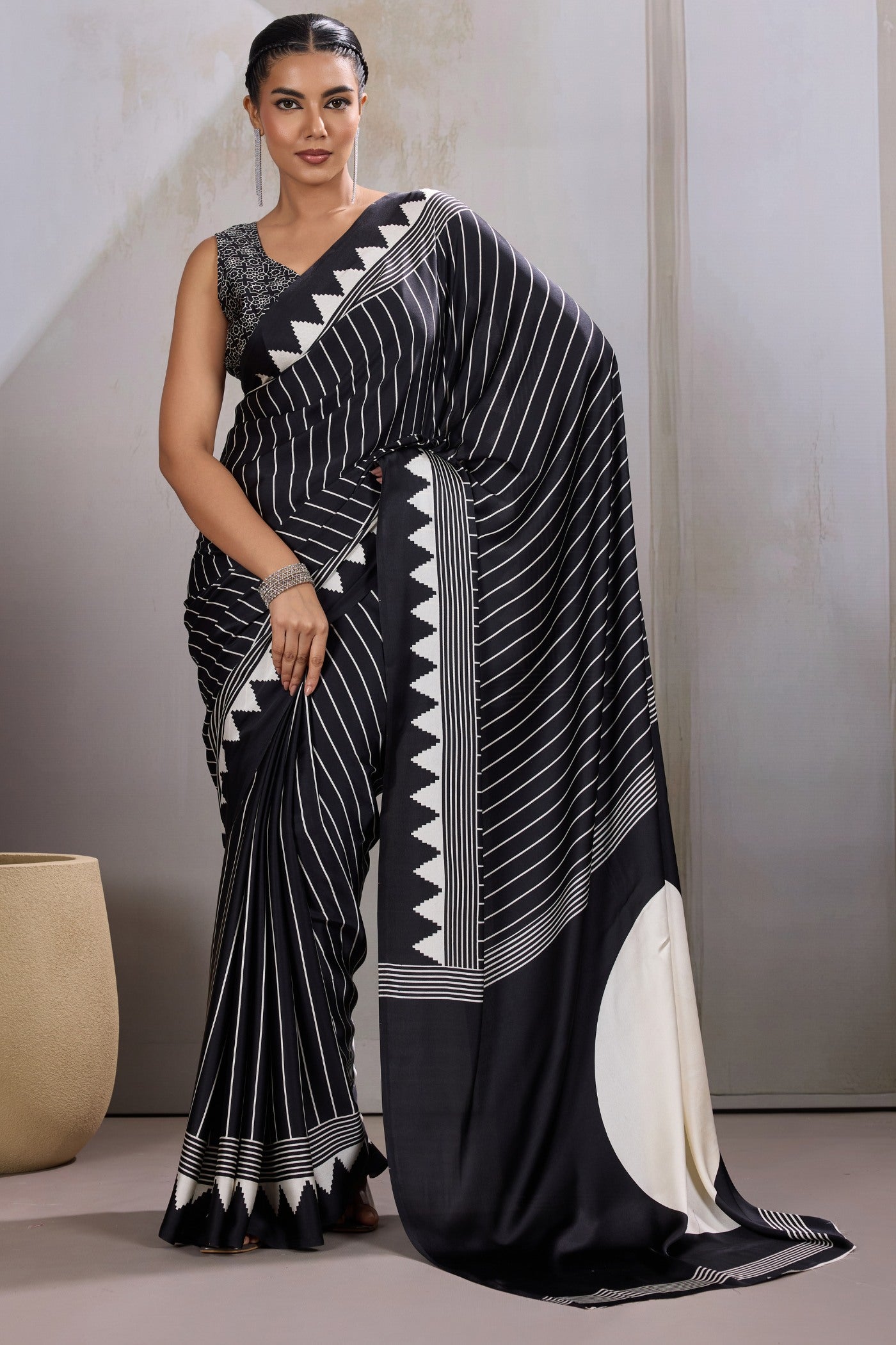Buy MySilkLove Taupe Black Ajrakh Printed Satin Crepe Silk Saree Online