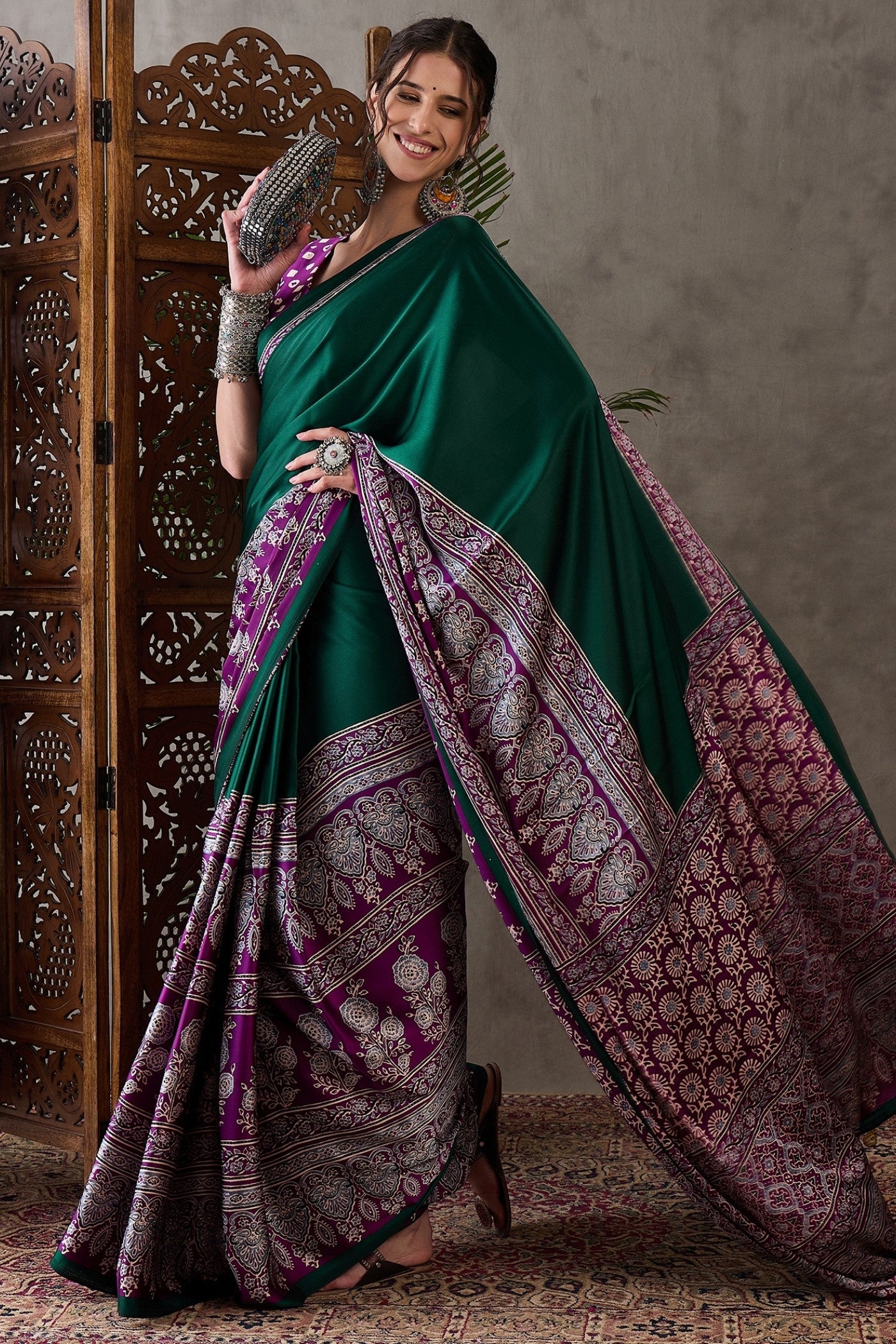 Buy MySilkLove Bottle Green Printed Satin Gaji Silk Saree Online