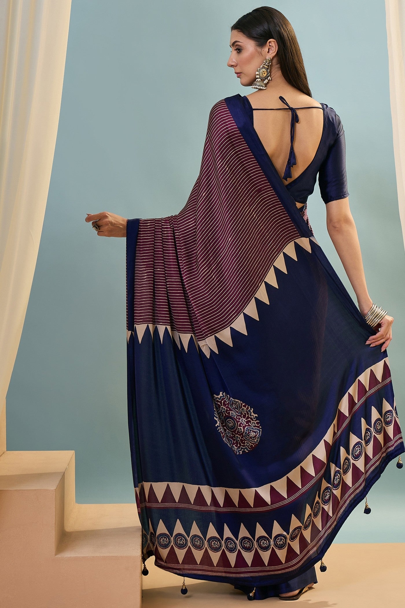 Buy MySilkLove Dark Purple Ajrakh Printed Satin Crepe Silk Saree Online