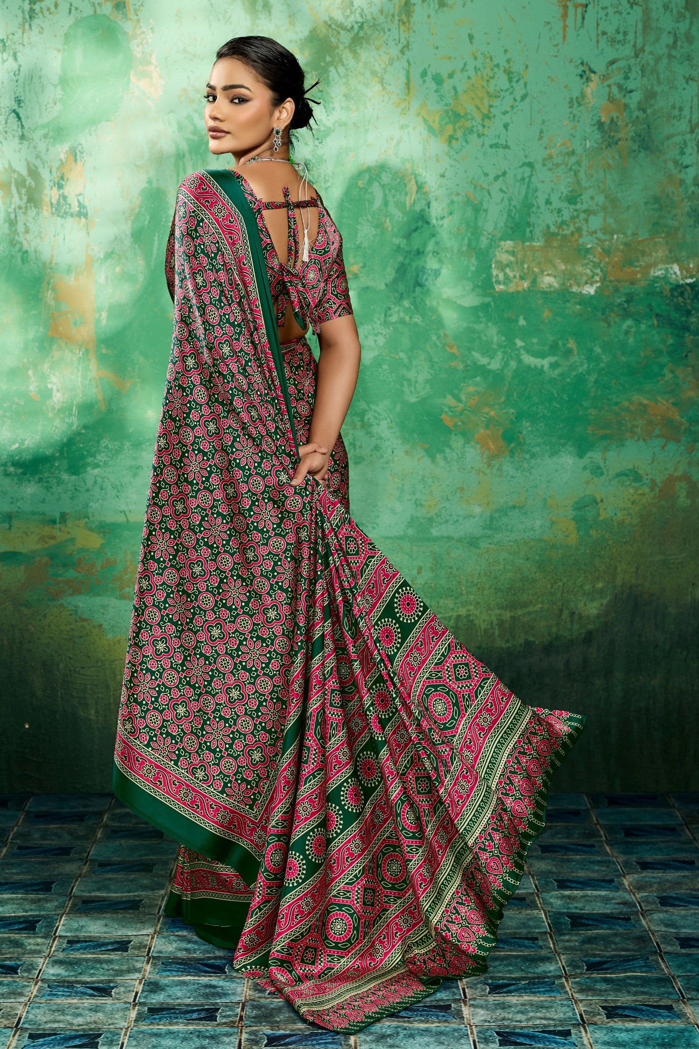 Buy MySilkLove Royal Emerald Green Modal Ajrakh Satin Printed Silk Saree Online