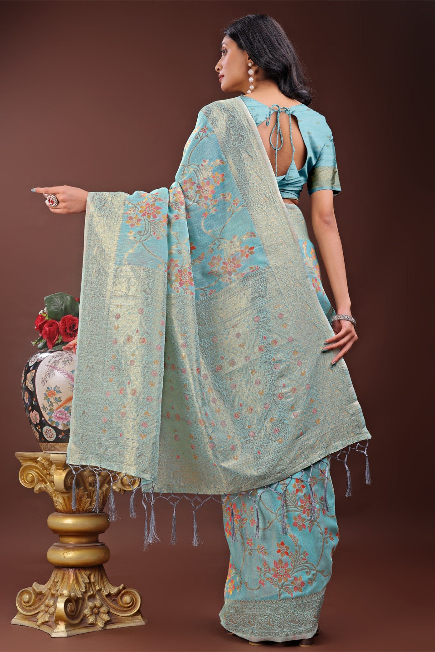 Buy MySilkLove Cadet Blue Linen Cotton Saree Online