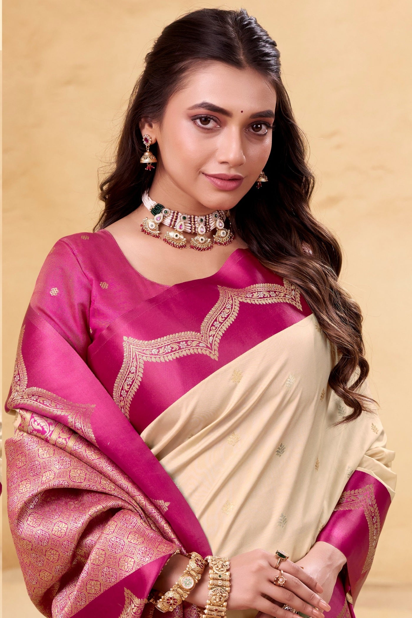 Buy MySilkLove Parchment Cream Woven Banarasi Satin Soft Silk Saree Online