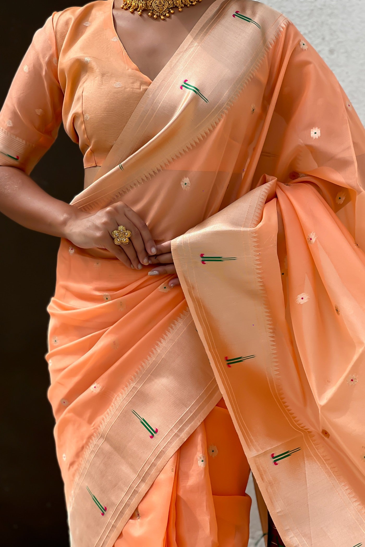 Buy MySilkLove Sunset Peach Organza Woven Paithani Saree Online