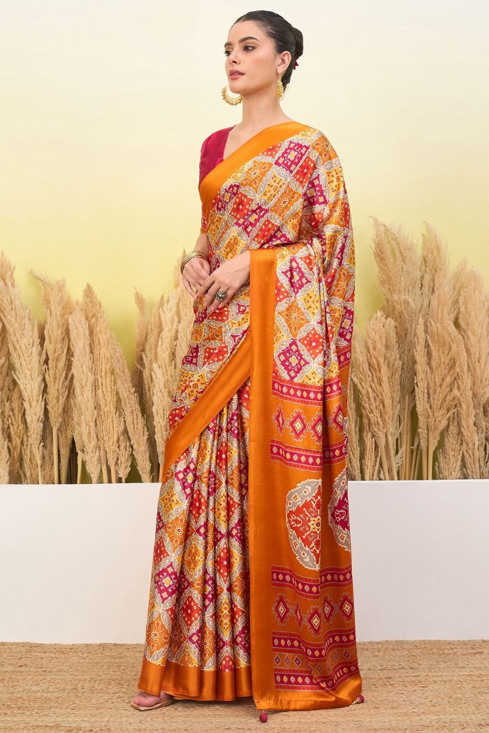 Buy MySilkLove Burnt Yellow Patola Printed Satin Crepe Silk Saree Online