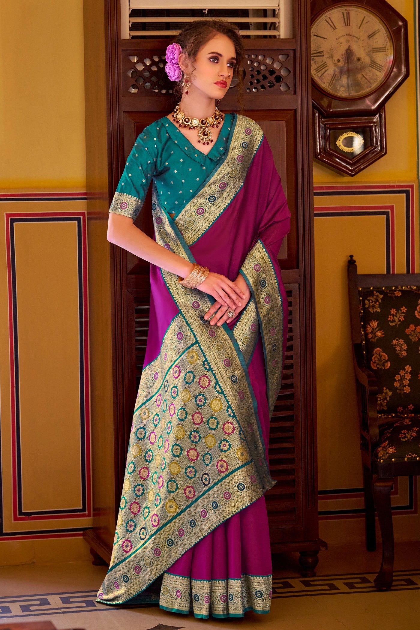 Buy MySilkLove Tyrian Purple Woven Banarasi Soft Silk Saree Online
