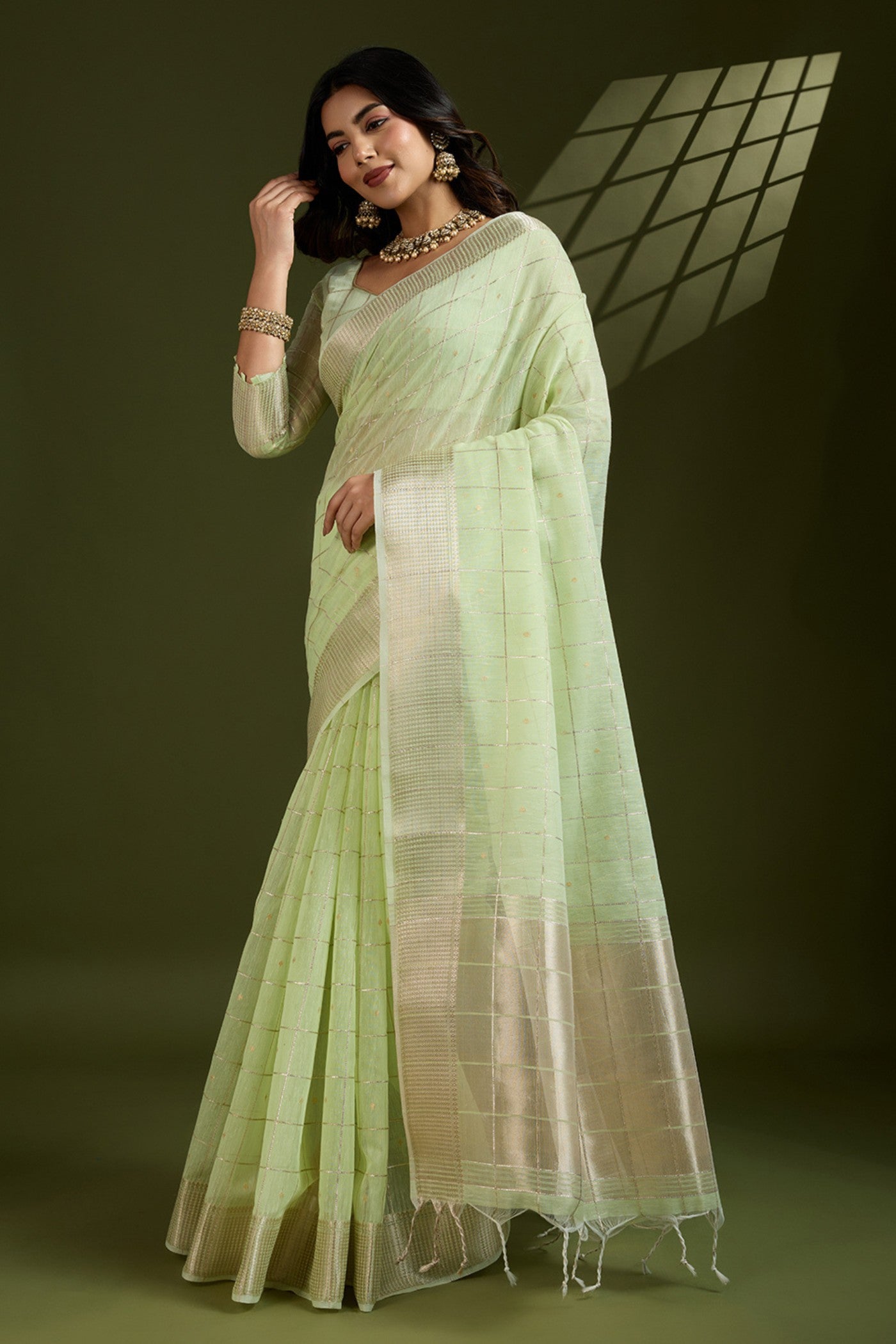 Buy MySilkLove Pista Green Woven Tissue Linen Saree Online