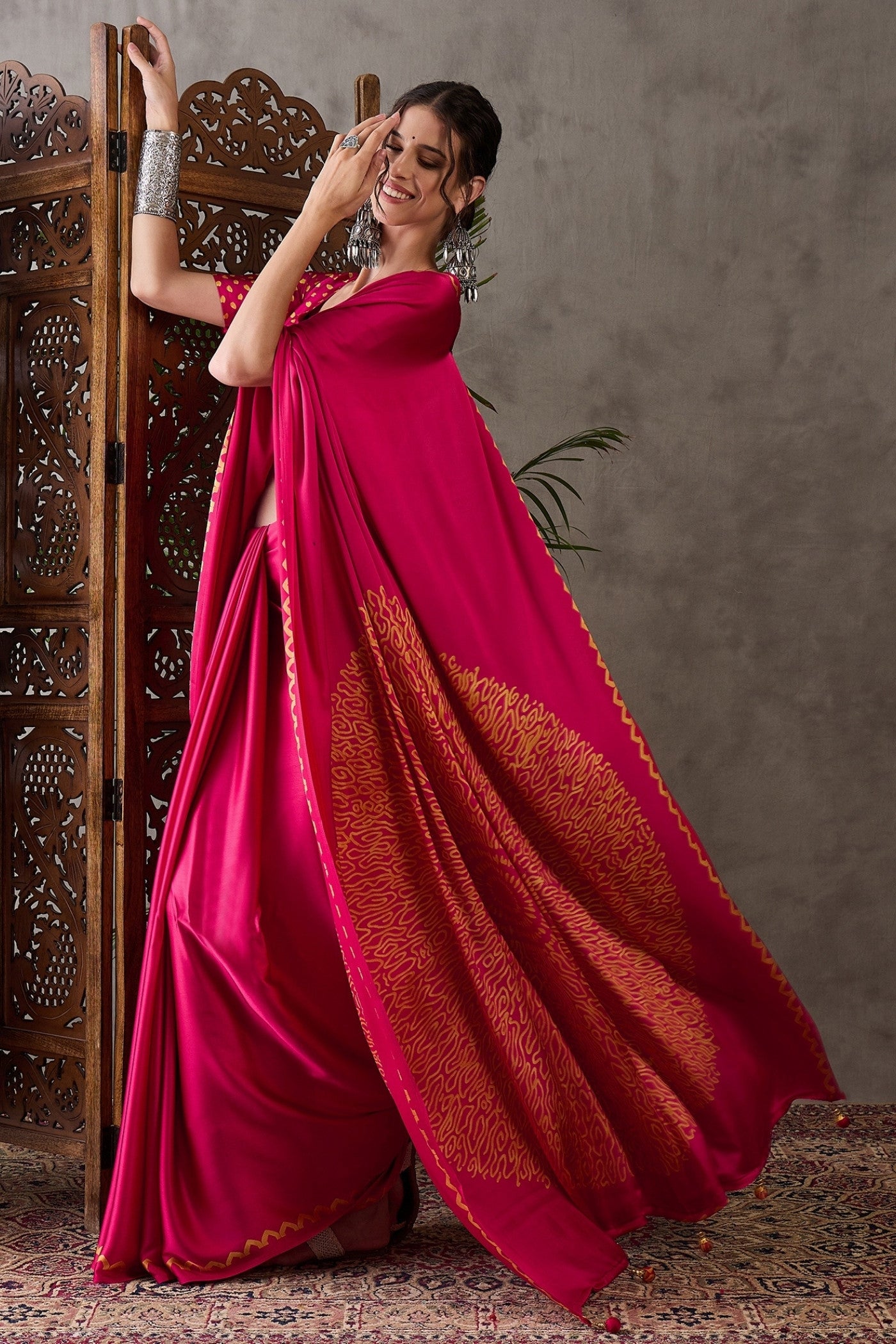 Buy MySilkLove Magenta Pink Printed Satin Gaji Silk Saree Online