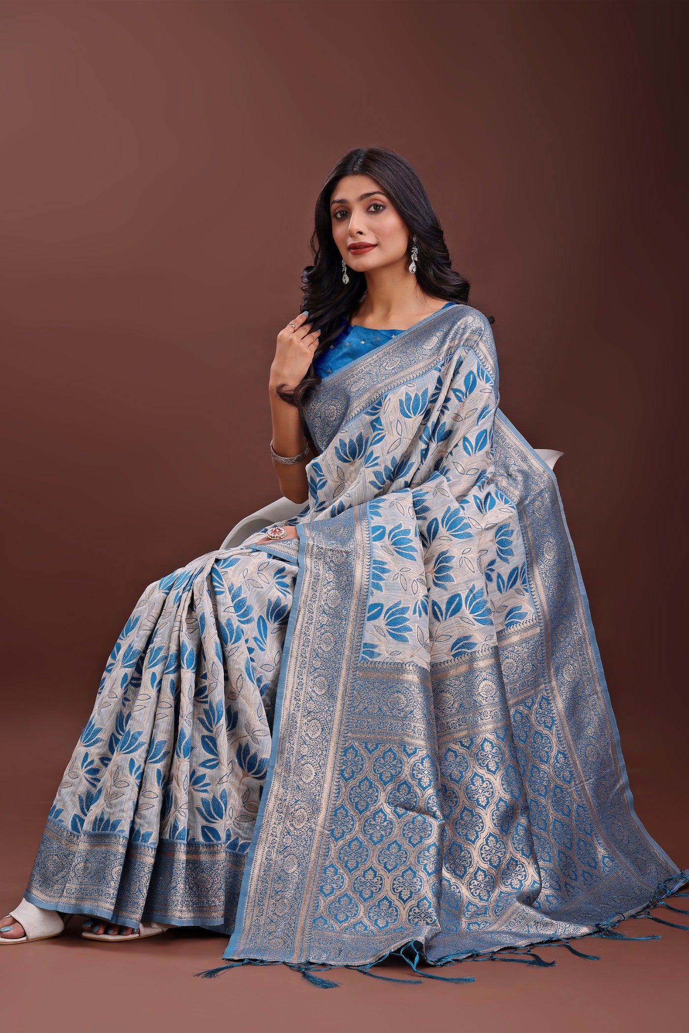 Buy MySilkLove Butterfly Blue Linen Cotton Saree Online