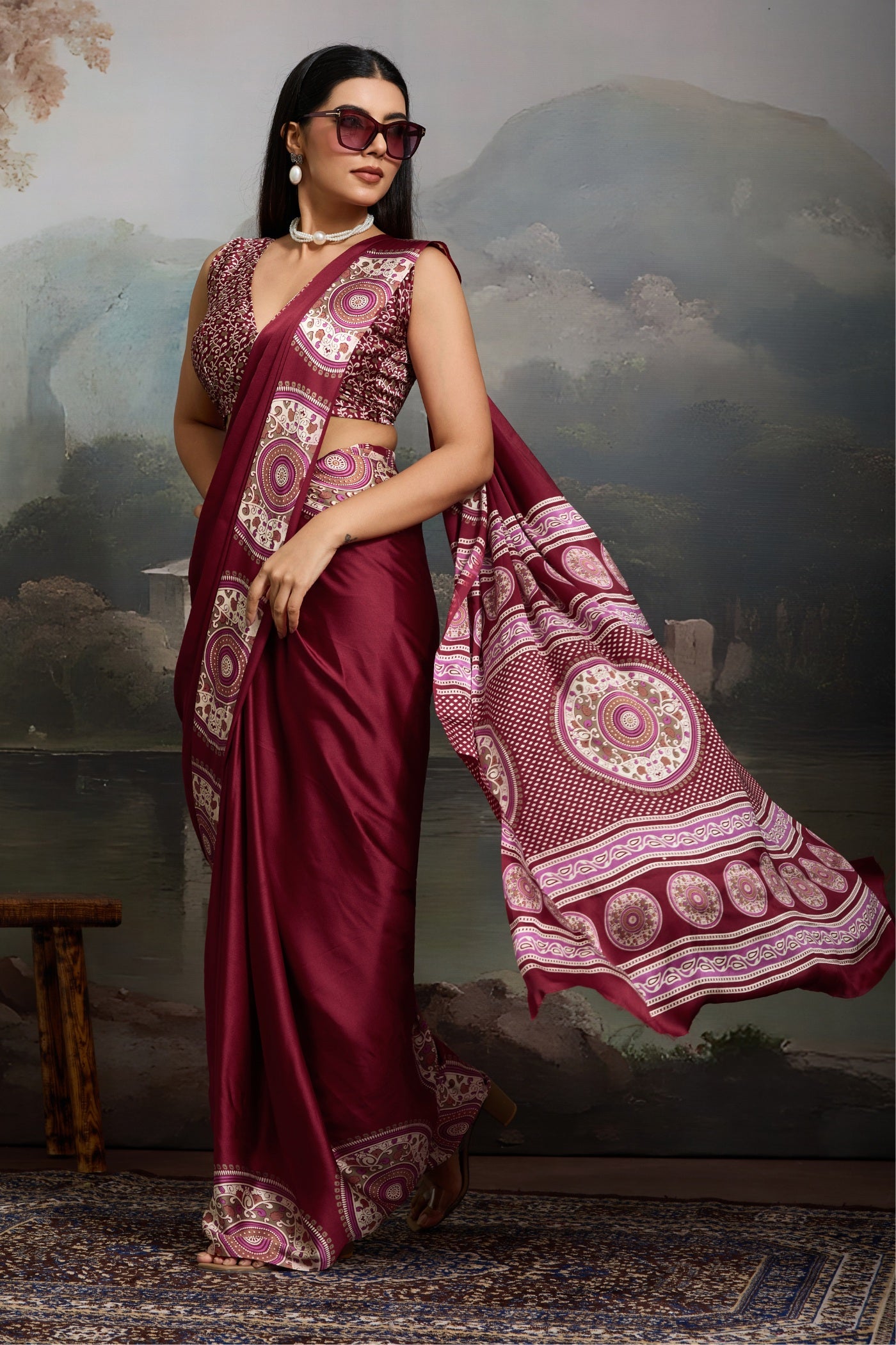 Buy MySilkLove Ruby Purple Modal Ajrakh Printed Silk Saree Online