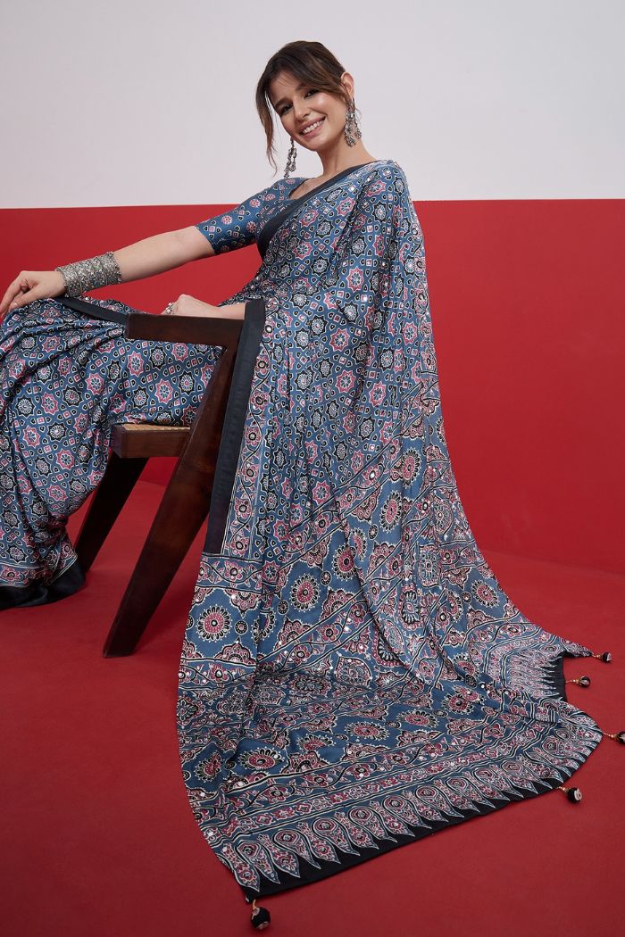 Buy MySilkLove Ocean Blue Modal Ajrakh Satin Printed Mirror Work Saree Online