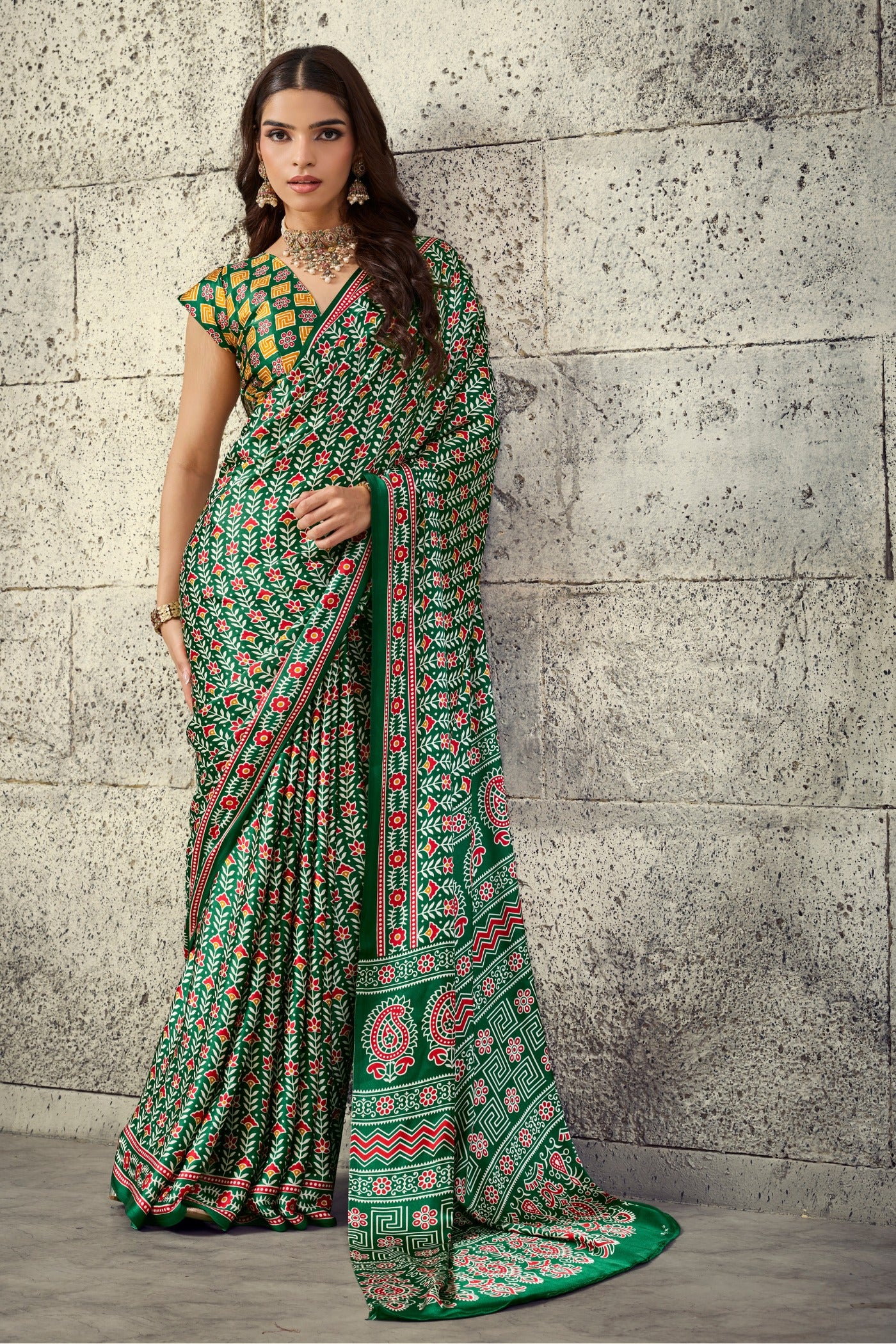 Buy MySilkLove Myrtle Green Modal Ajrakh Satin Printed Silk Saree Online