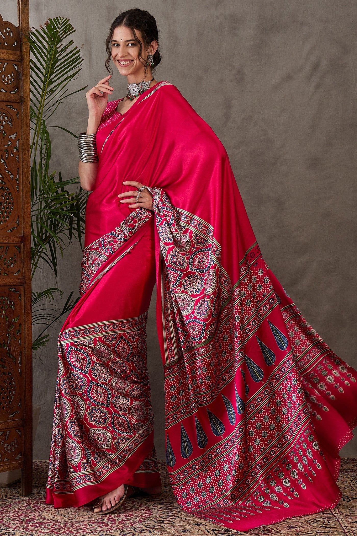 Buy MySilkLove Garnet Red Printed Satin Gaji Silk Saree Online