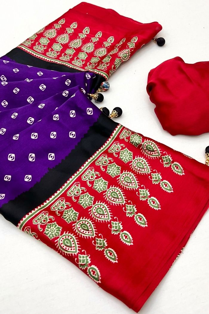Buy MySilkLove Grape Purple and Red Ajrakh Printed Satin Gaji Silk Saree Online