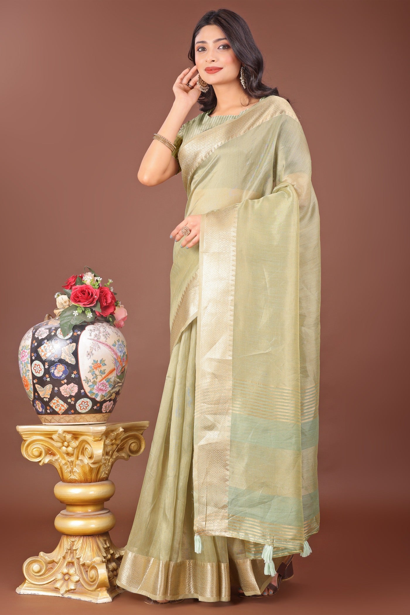 Buy MySilkLove Lawn Green Woven Organza Saree Online