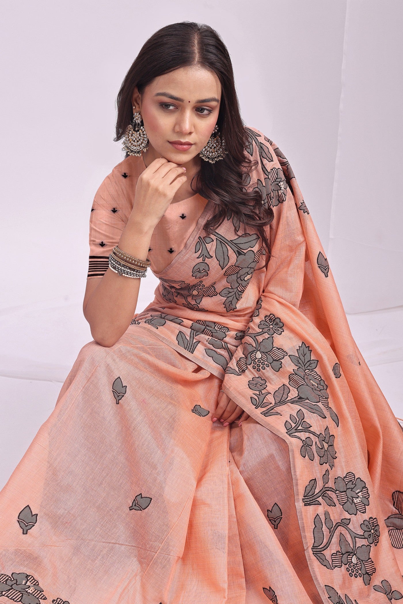 Buy MySilkLove Neon Orange Woven Linen Cotton Saree Online