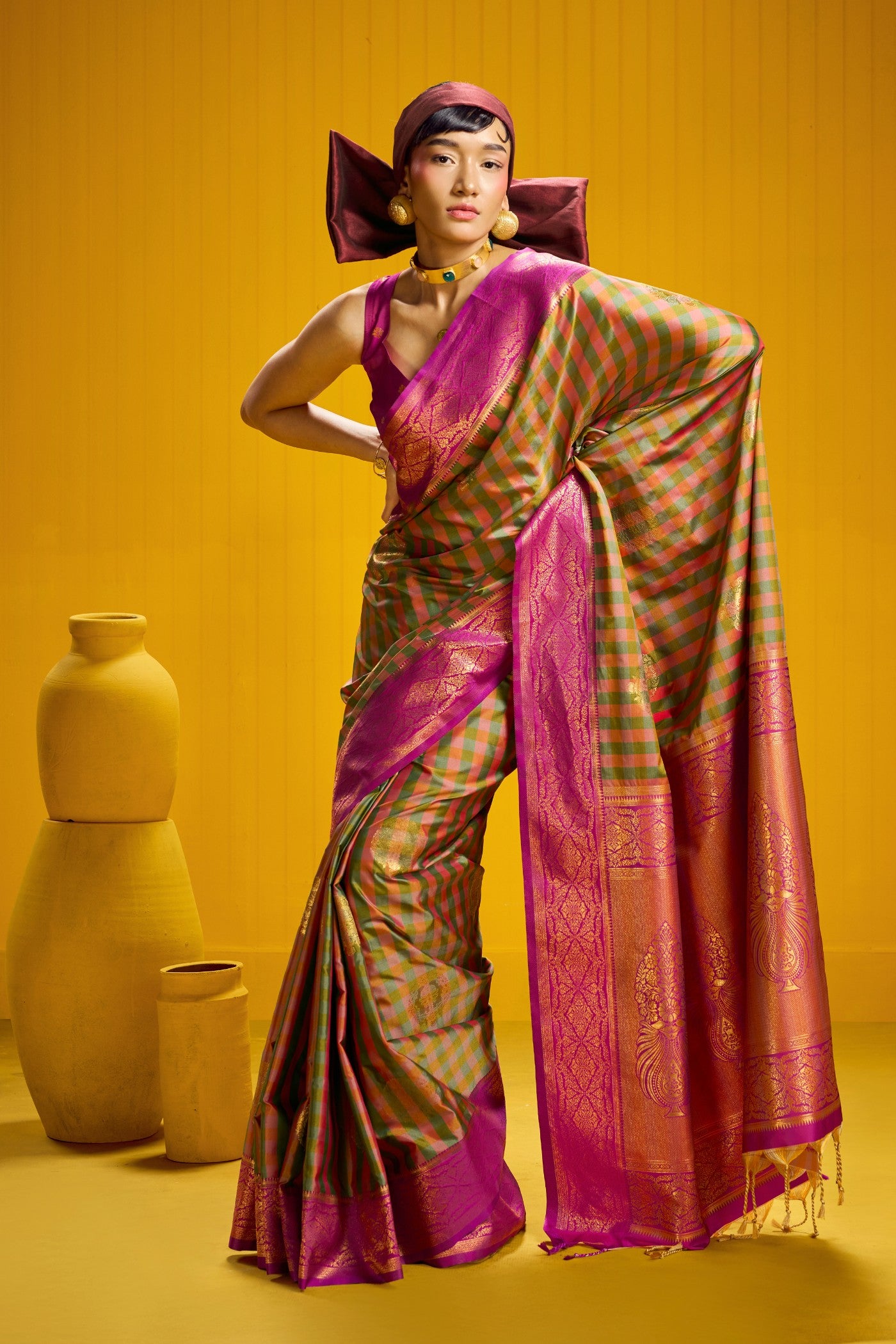 Buy MySilkLove Haritha Green Banarasi Two Tone Checks Handloom Saree Online