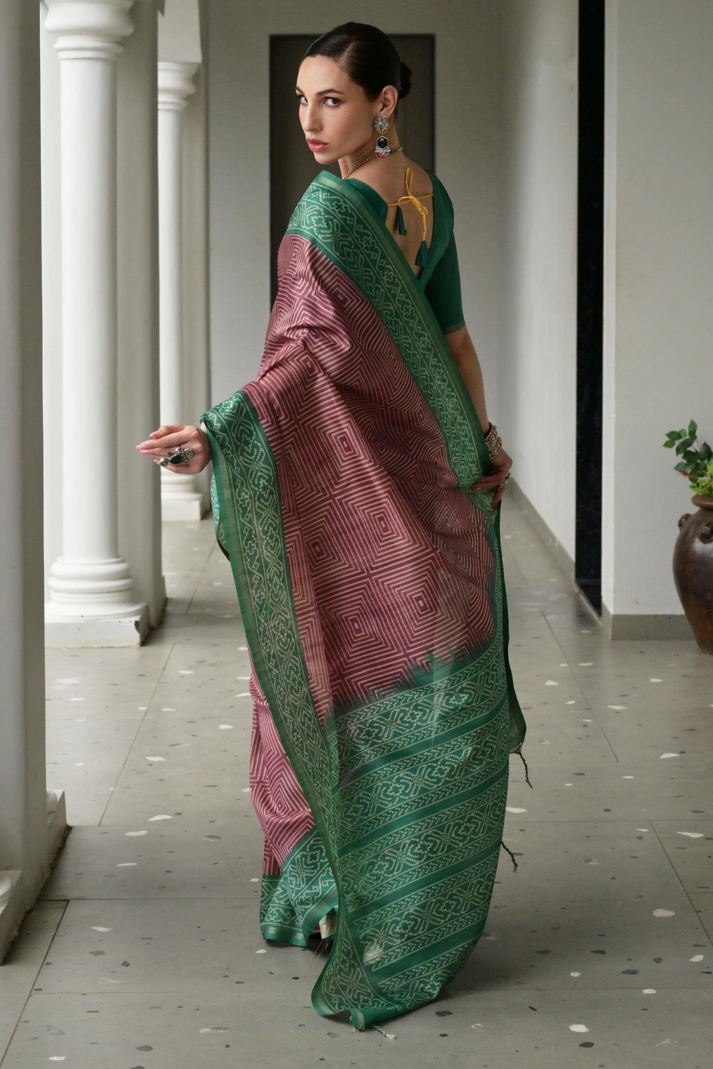 Buy MySilkLove Eggplant Purple and Green Printed Tussar Silk Saree Online