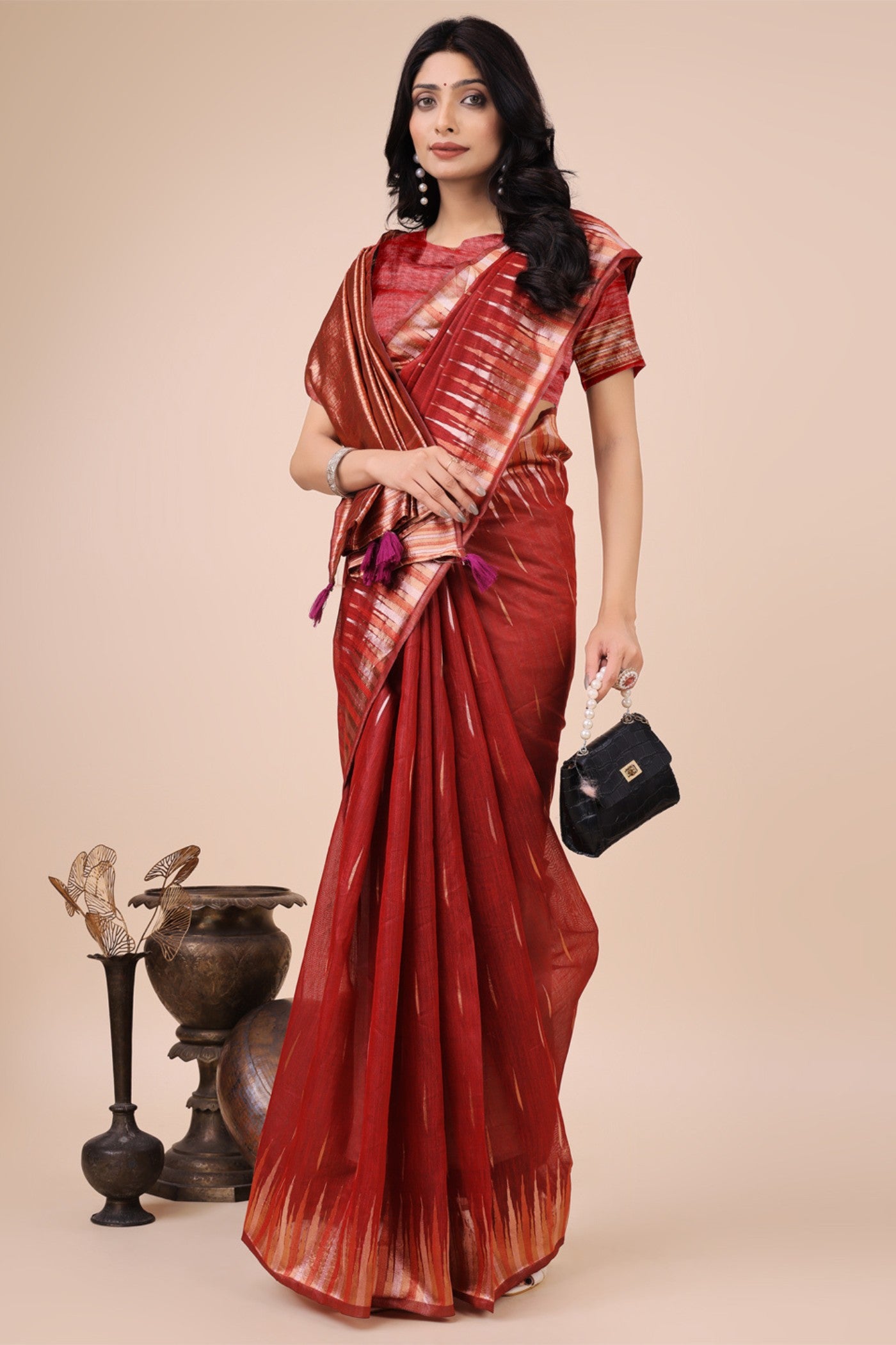 Buy MySilkLove Ceramic Red Linen Cotton Saree Online