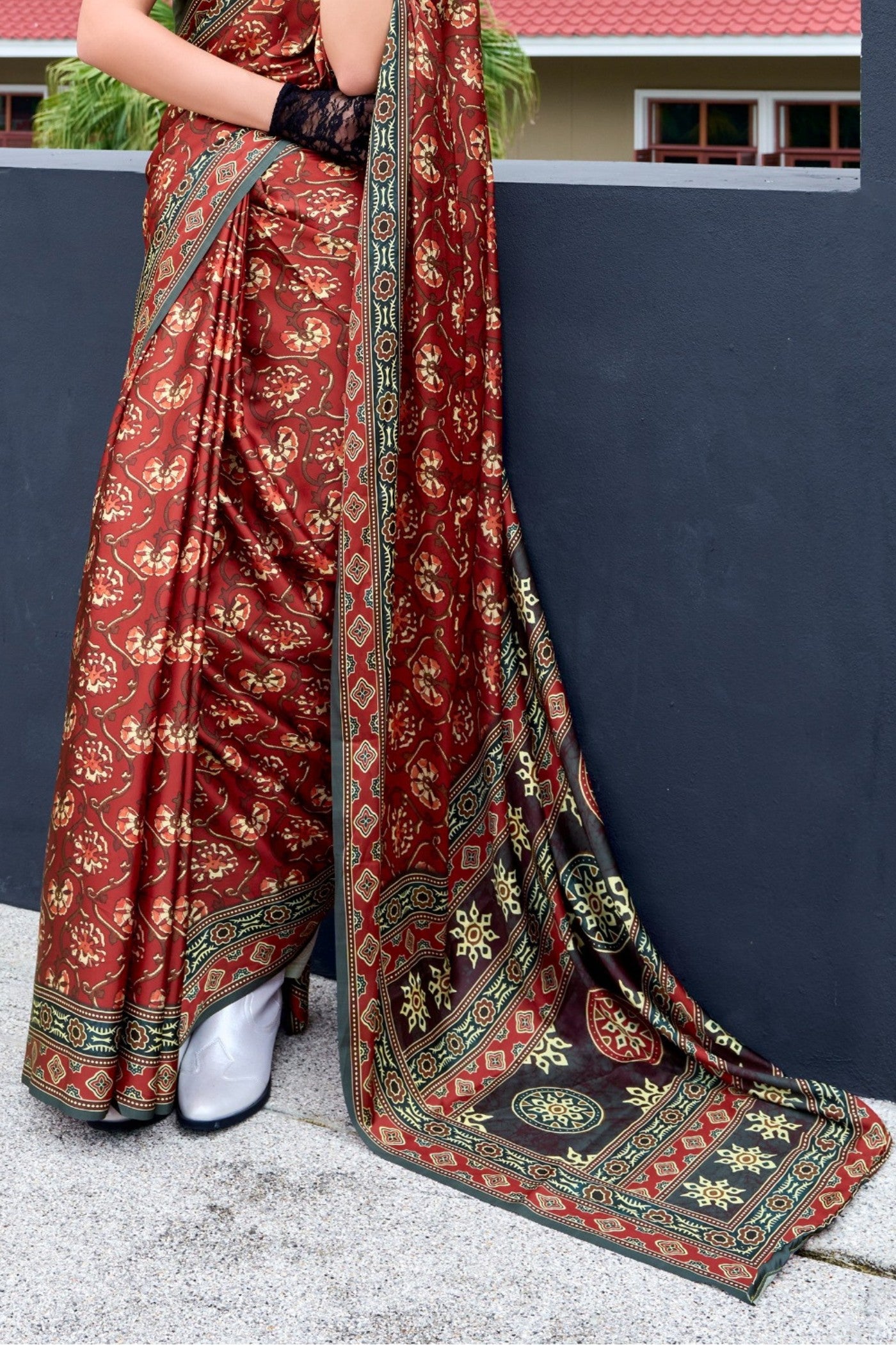 Buy MySilkLove Caramel Brown Ajrakh Printed Satin Crepe Silk Saree Online