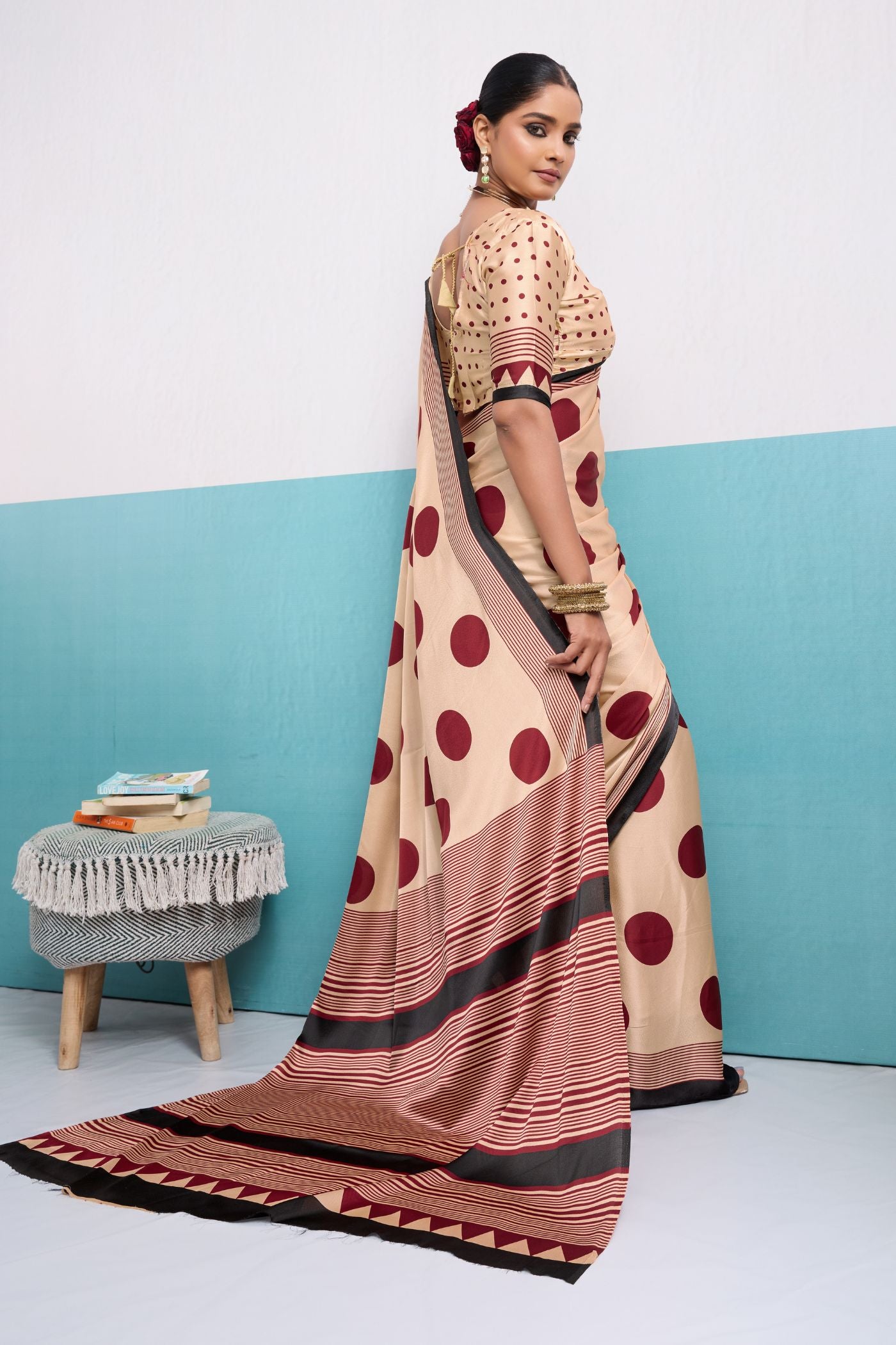 Buy MySilkLove Nectar Cream Polka Dots Satin Crepe Saree Online