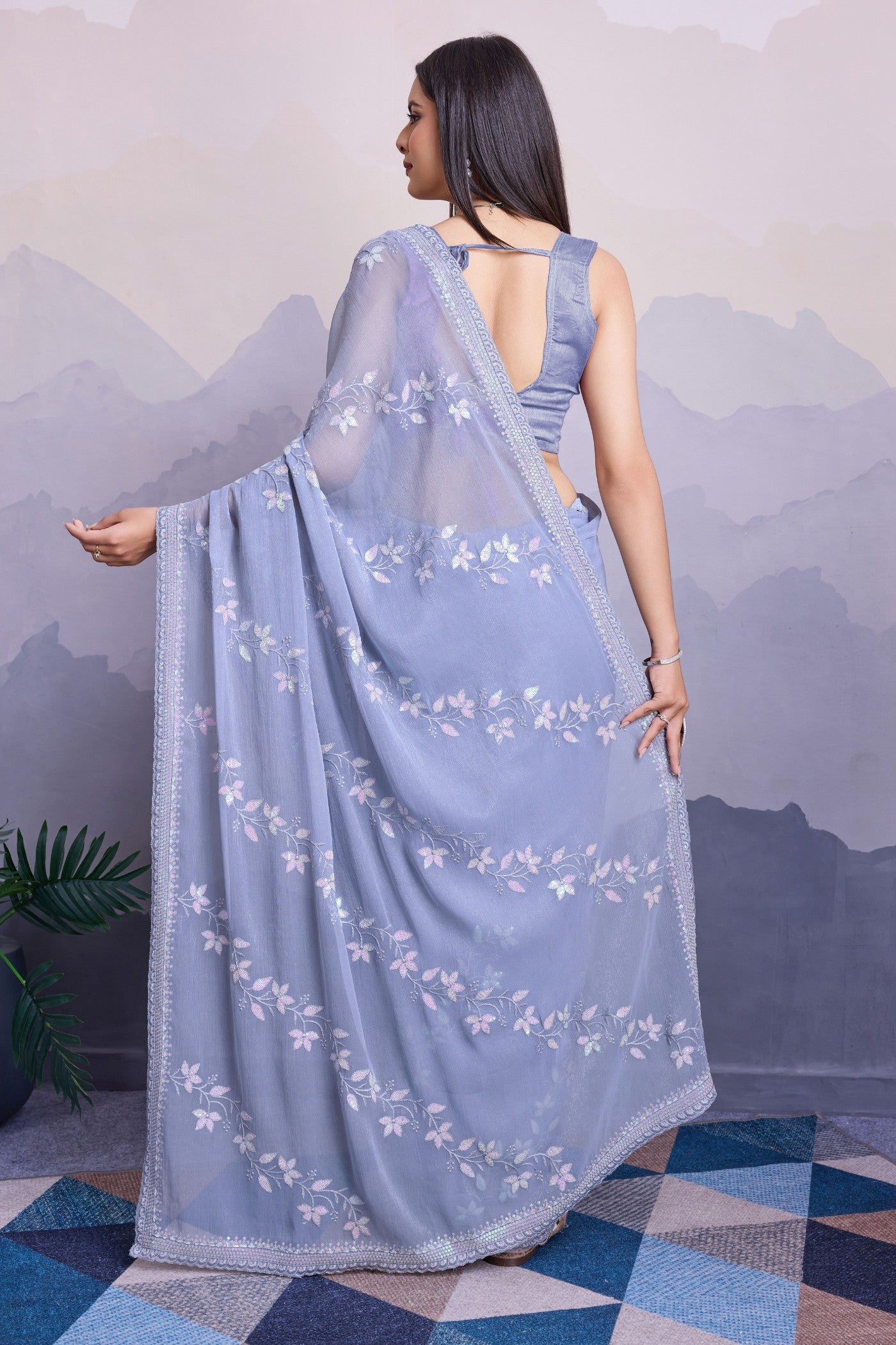 Buy MySilkLove Columbia Grey Embroidered Designer Chiffon Saree Online
