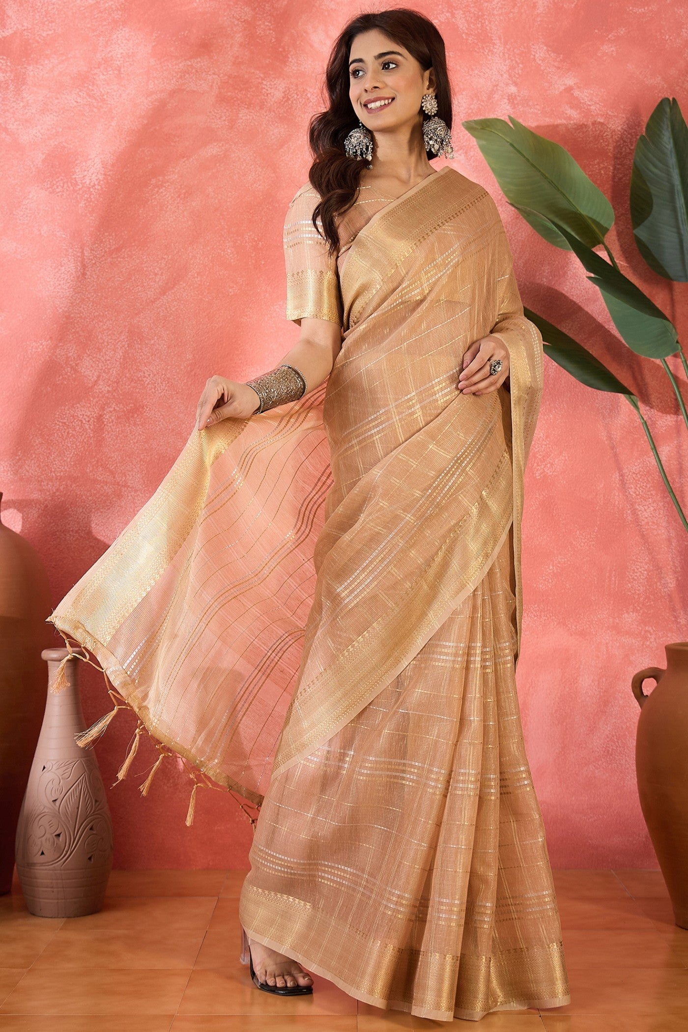 Buy MySilkLove Melon Pink Woven Organza Saree Online