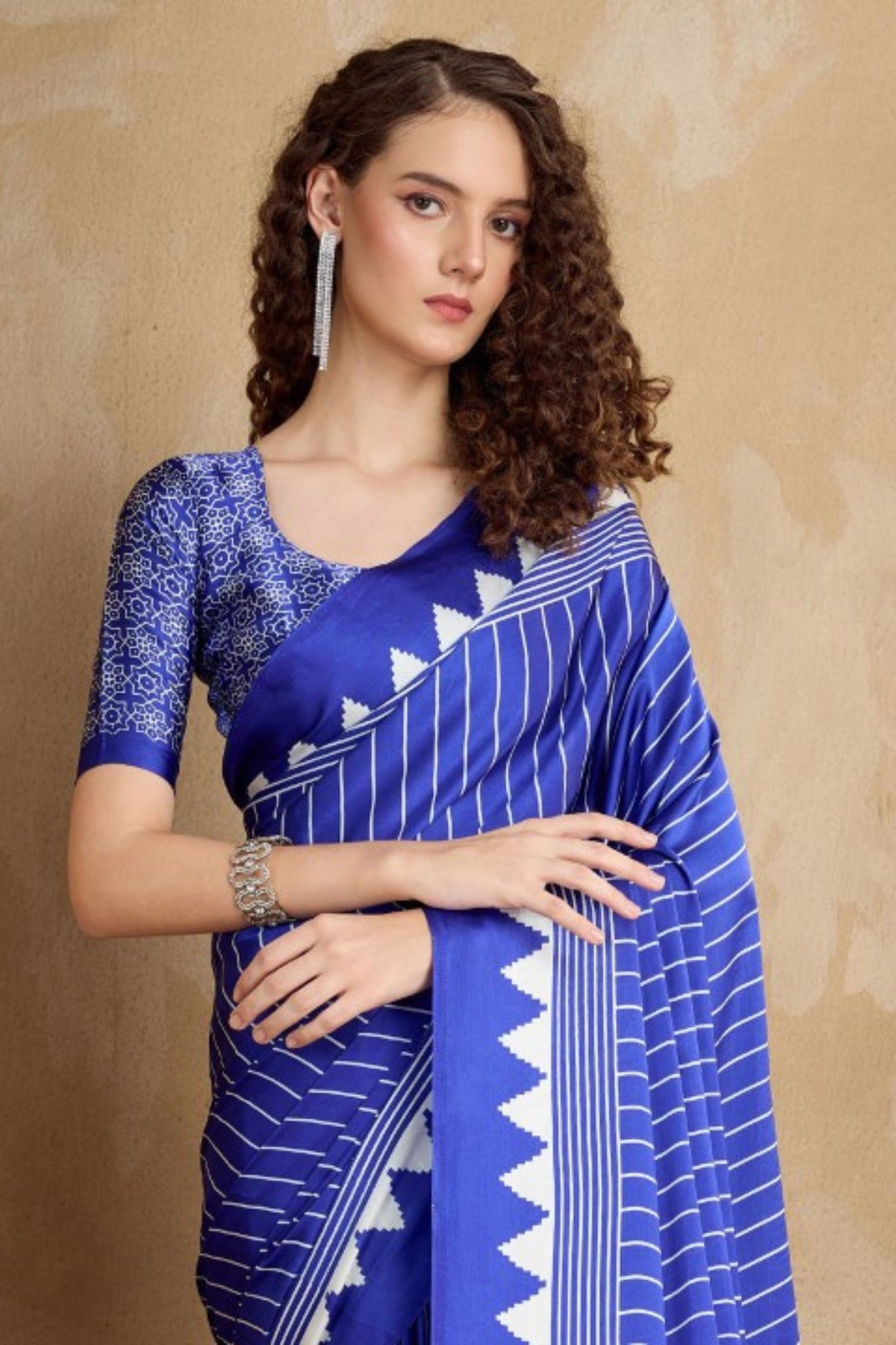 Buy MySilkLove Spruce Blue Ajrakh Printed Satin Crepe Silk Saree Online