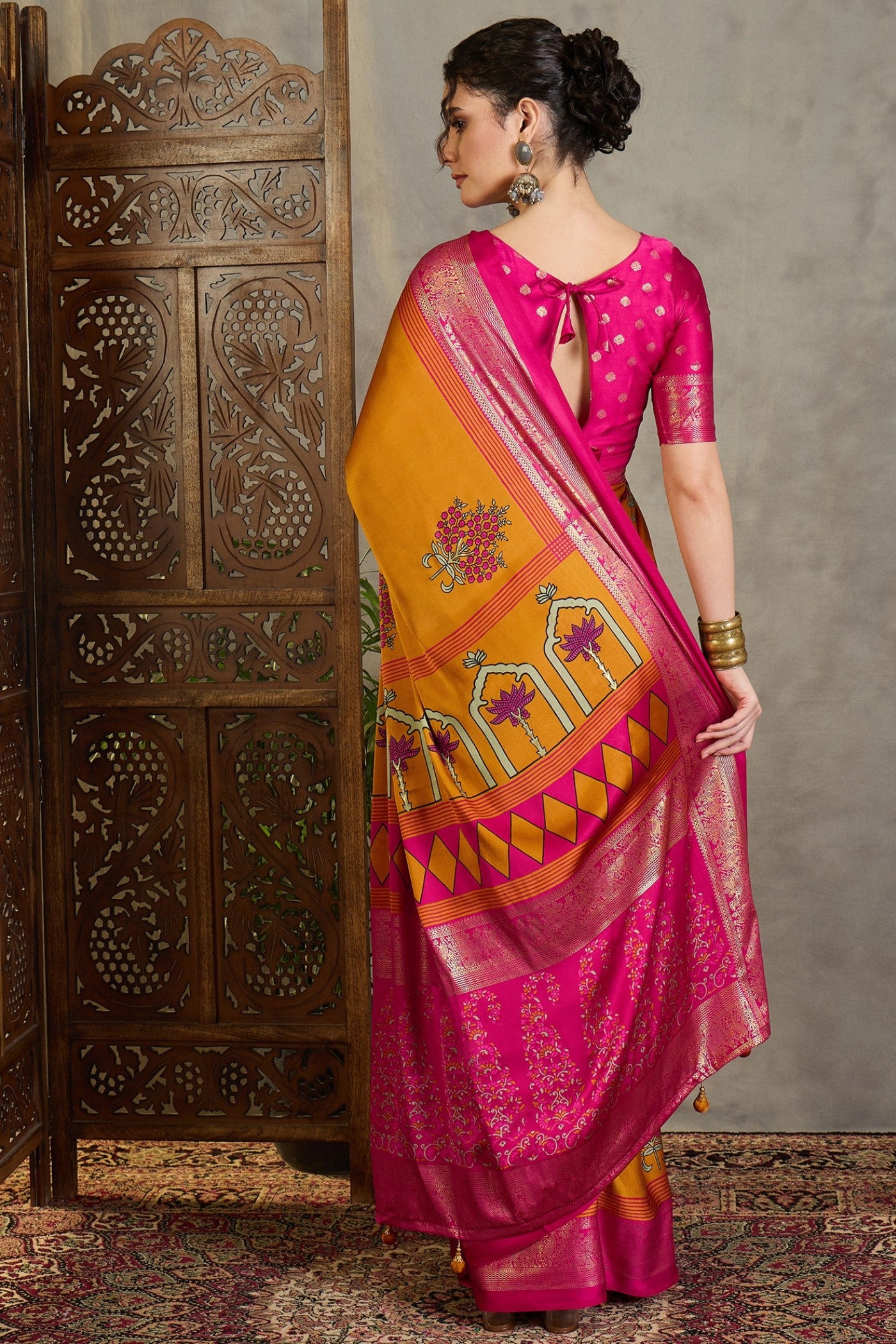 Buy MySilkLove Sunspill Yellow and Pink Printed Satin Crepe Silk Saree Online