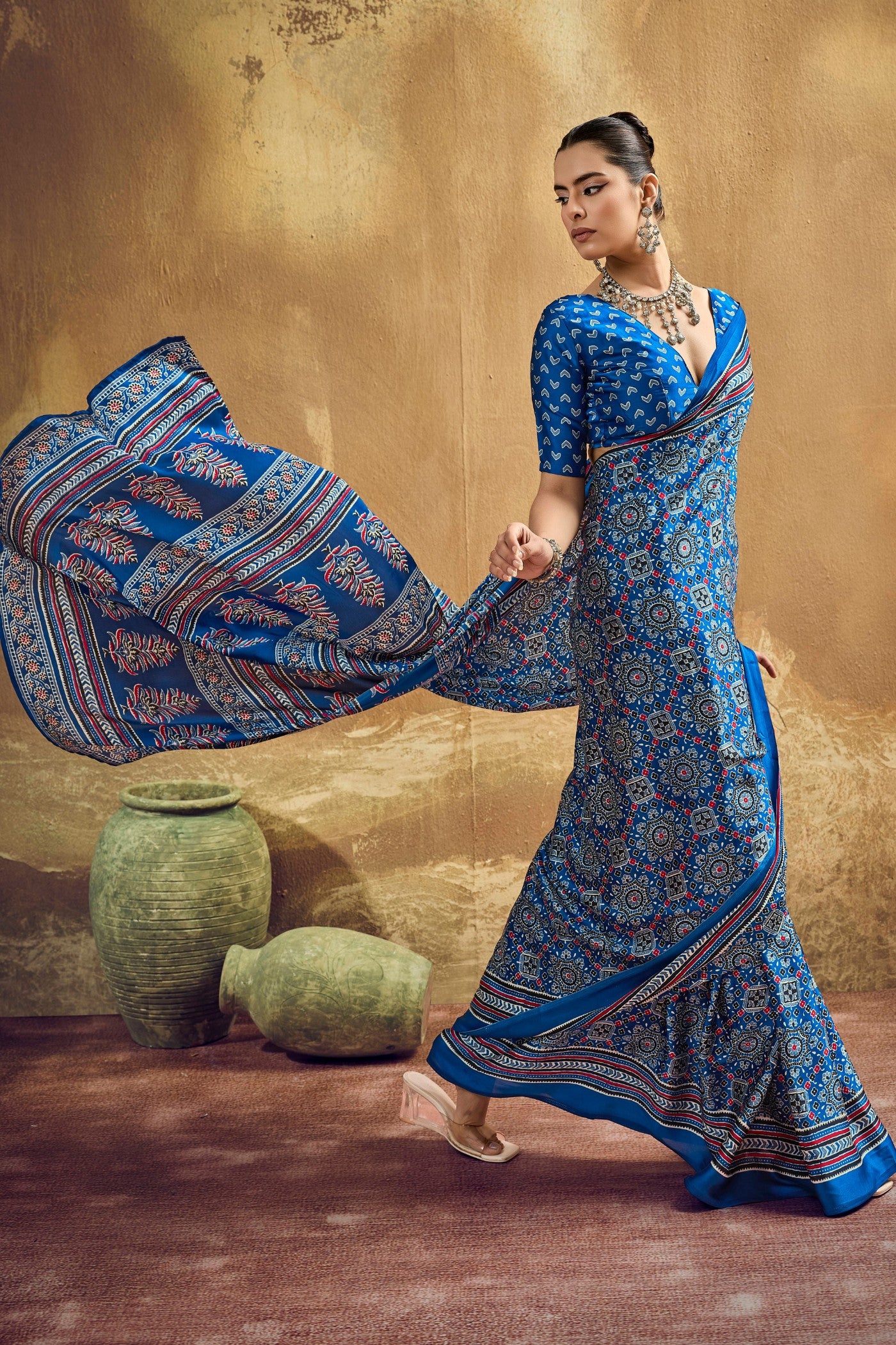 Buy MySilkLove Arctic Blue Modal Ajrakh Satin Printed Silk Saree Online