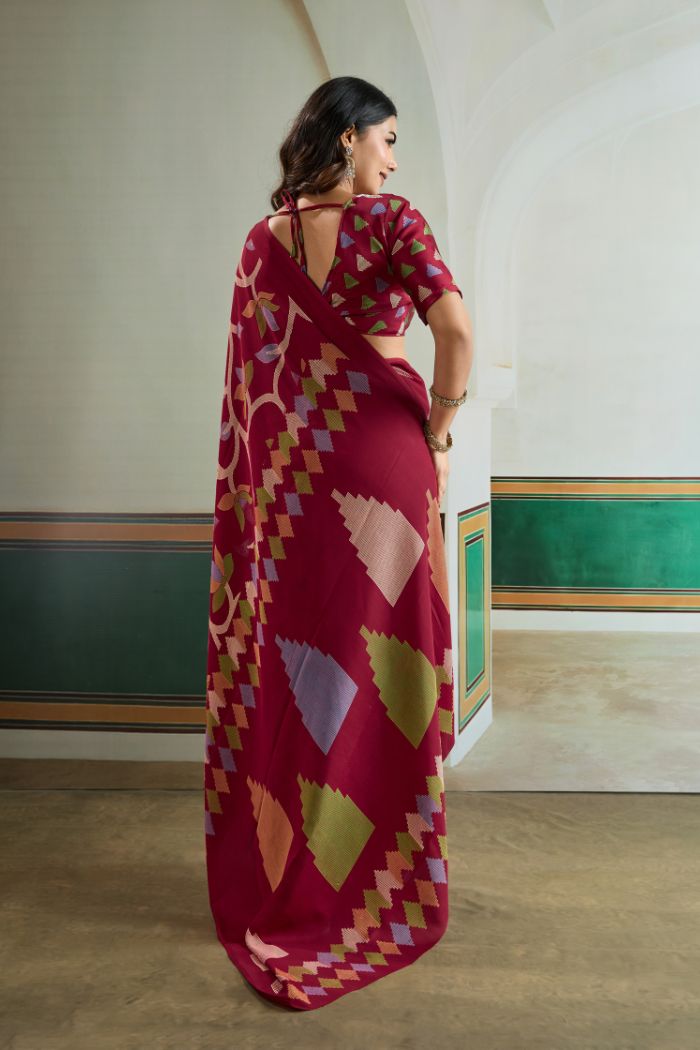 Buy MySilkLove Claret Maroon Modal Ajrakh Printed Satin Silk Saree Online