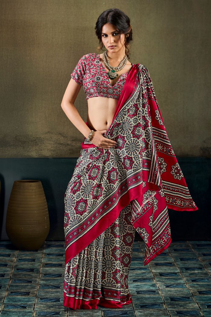 Buy MySilkLove Barn Red Modal Ajrakh Satin Printed Silk Saree Online