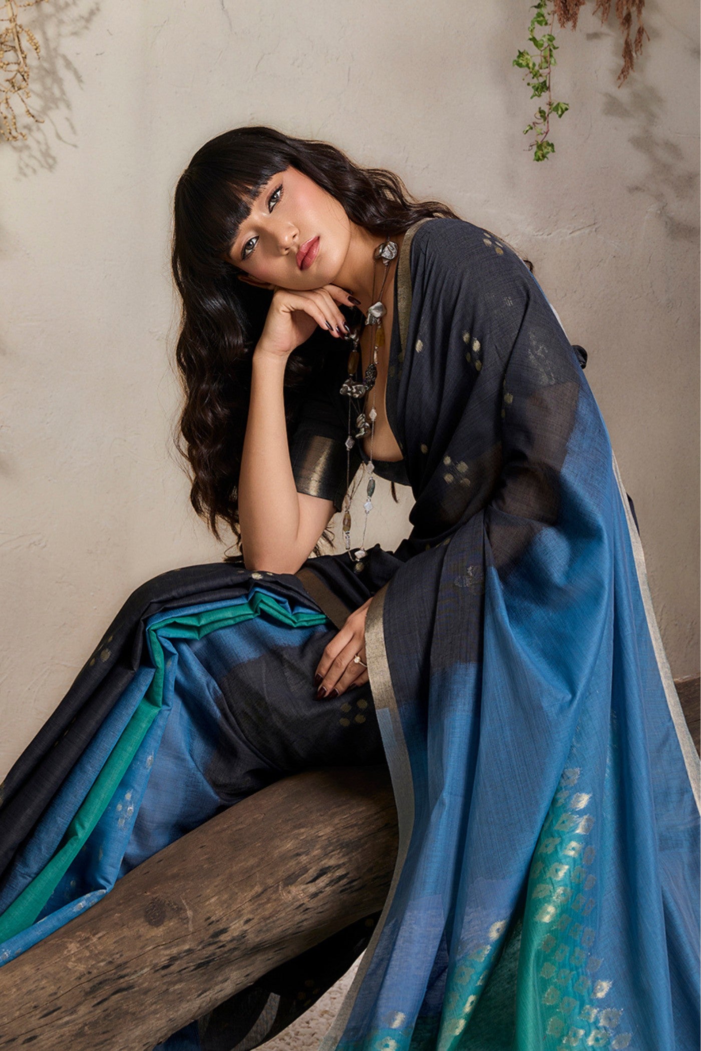 Buy MySilkLove Phantom Black and Blue Handloom Cotton Saree Online