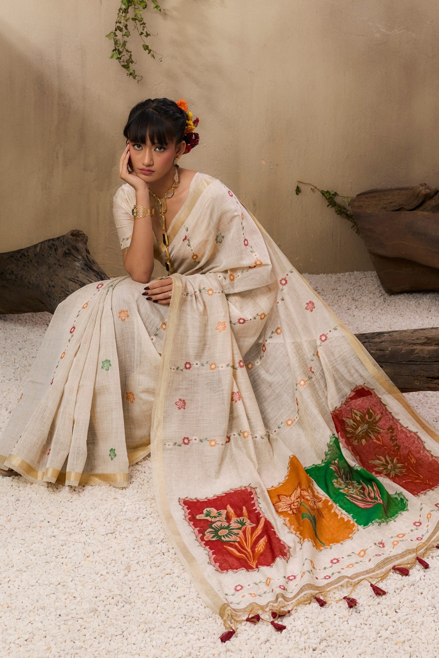 Buy MySilkLove Milklace Cream Handloom Muga Cotton Saree Online