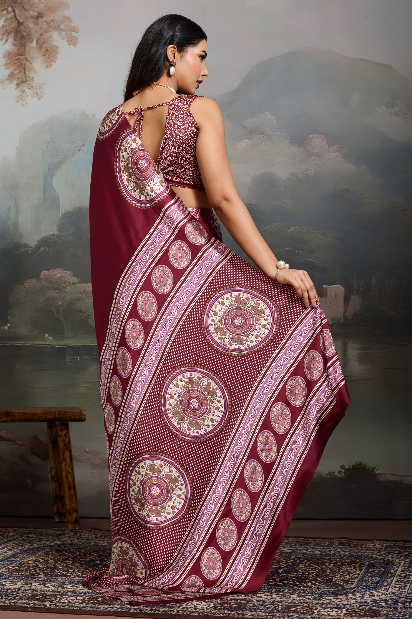 Buy MySilkLove Ruby Purple Modal Ajrakh Printed Silk Saree Online
