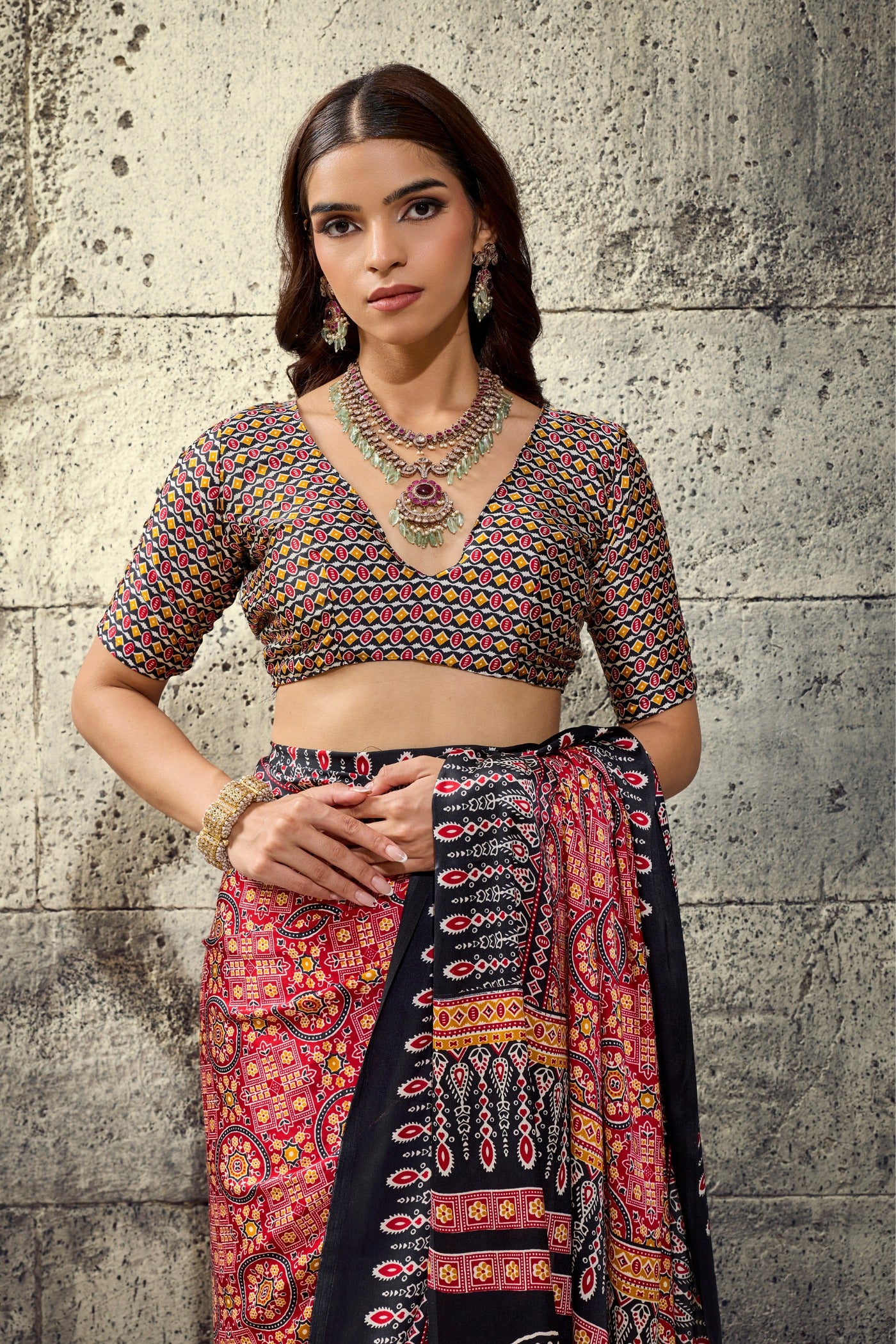 Buy MySilkLove Pickle Orange and Black Modal Ajrakh Satin Printed Silk Saree Online