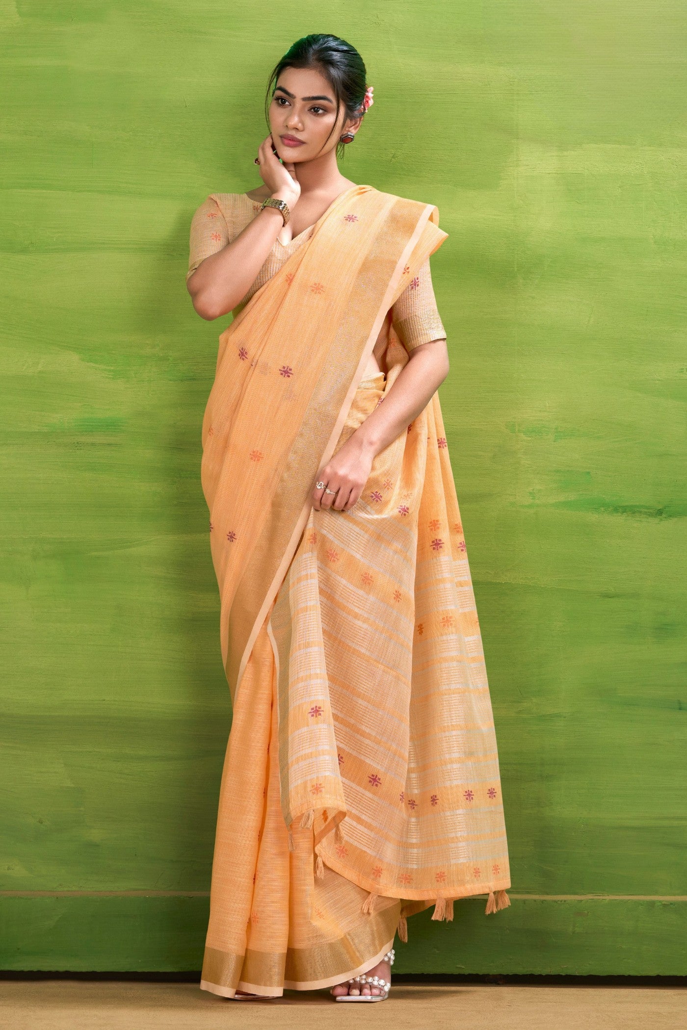 Buy MySilkLove Beer Orange Woven Linen Saree Online