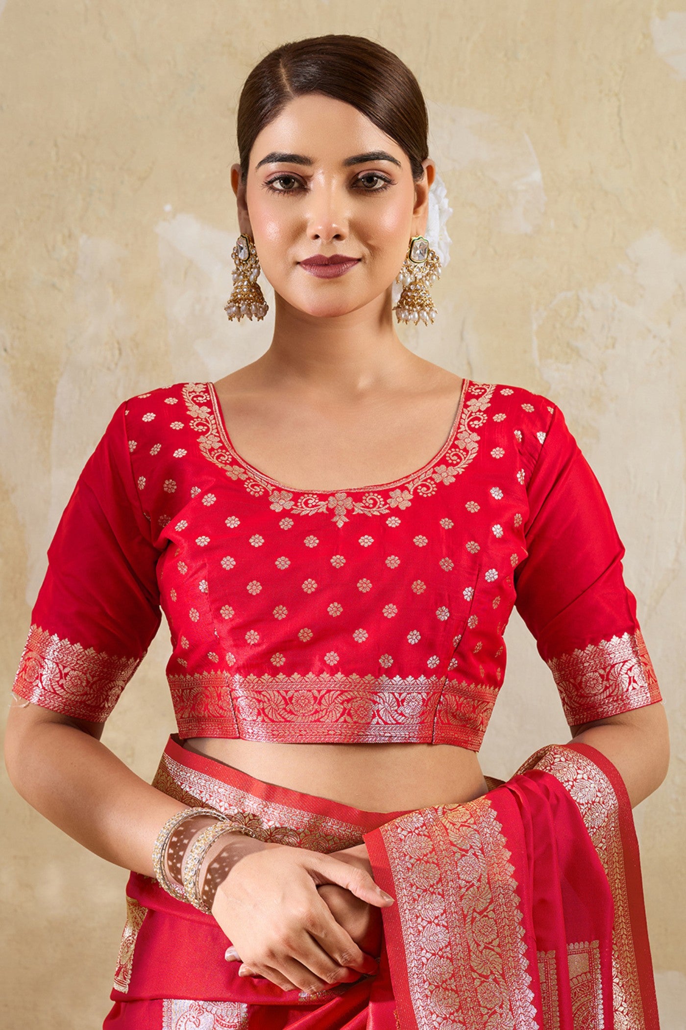 Buy MySilkLove Melon Red Woven Banarasi Soft Silk Saree Online